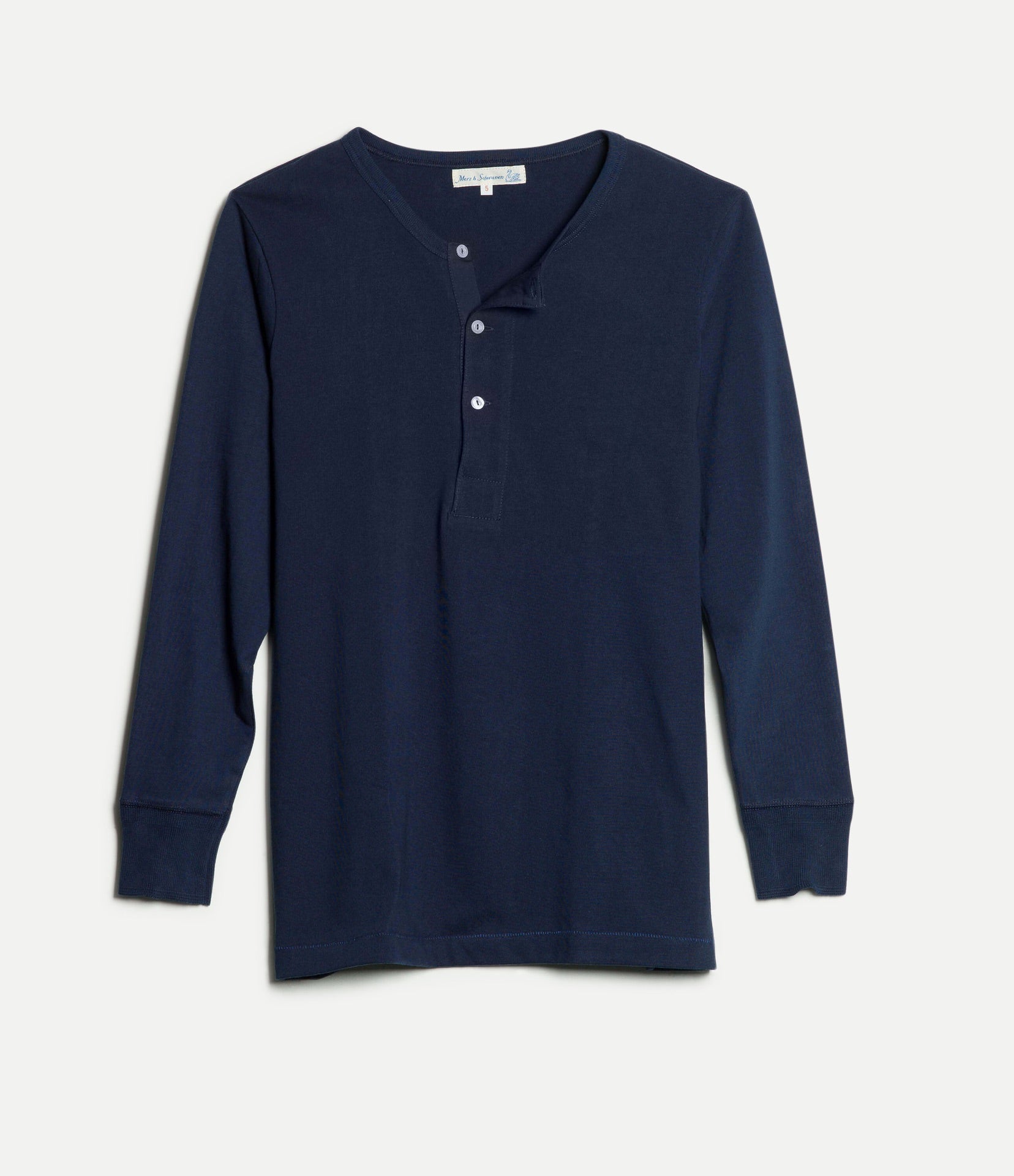 Navy long-sleeve henley shirt on a light gray background