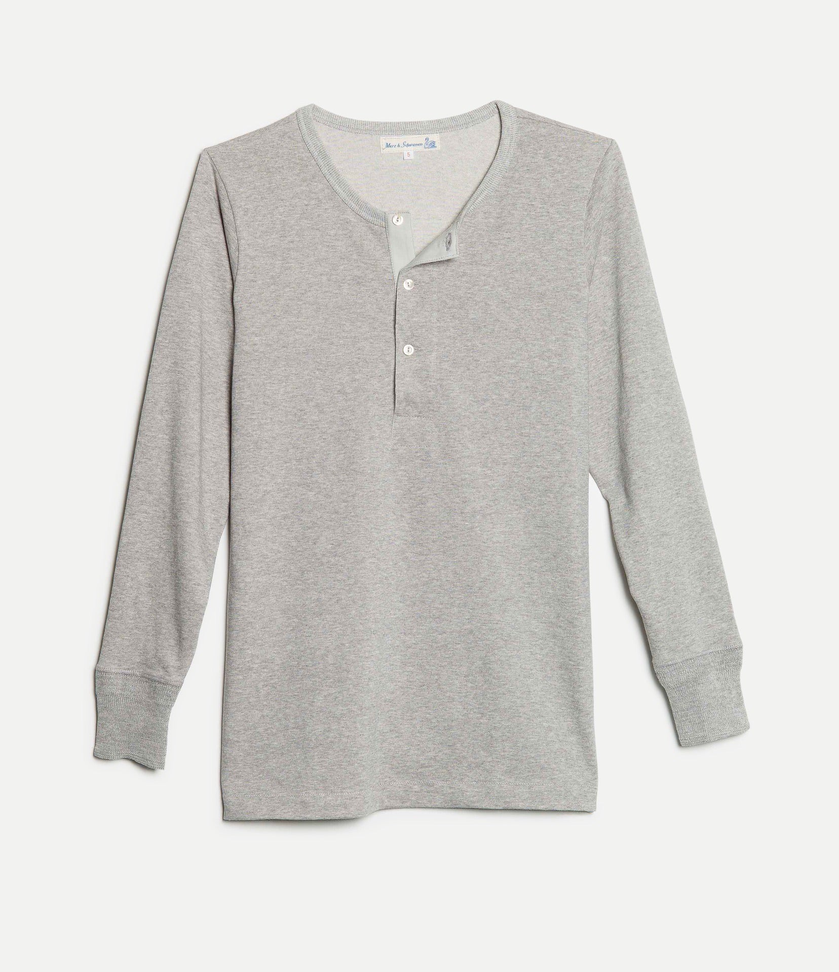 Gray long-sleeve henley shirt on a white background