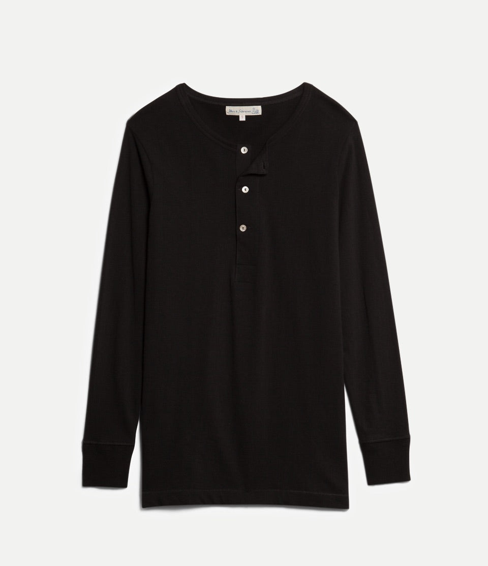 Black long-sleeve shirt with buttons on a light gray background