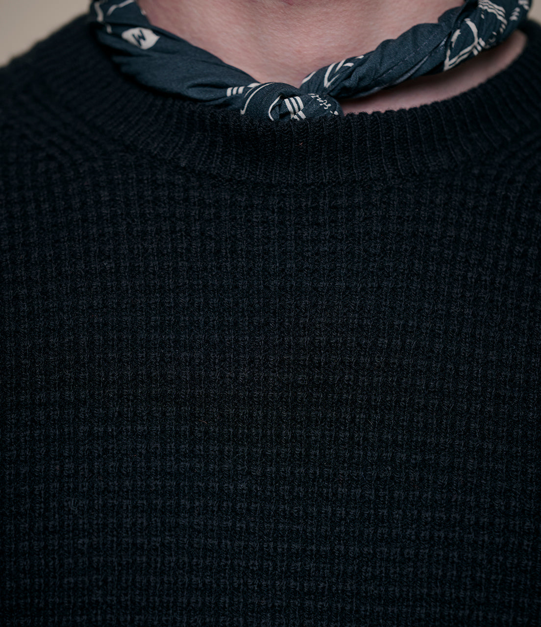 Close-up of a person wearing a black sweater with a patterned scarf around the neck.