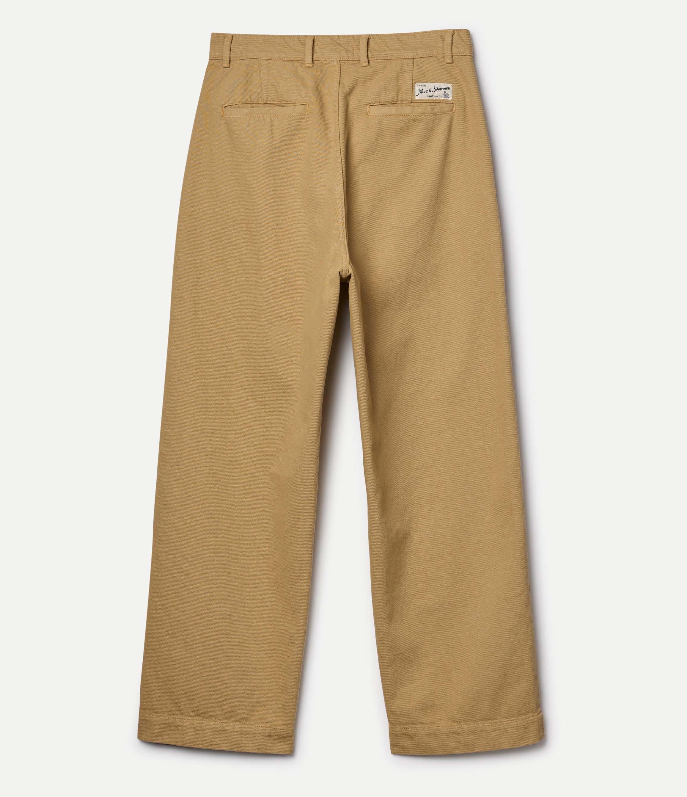 Beige pants with a brand label on a white background
