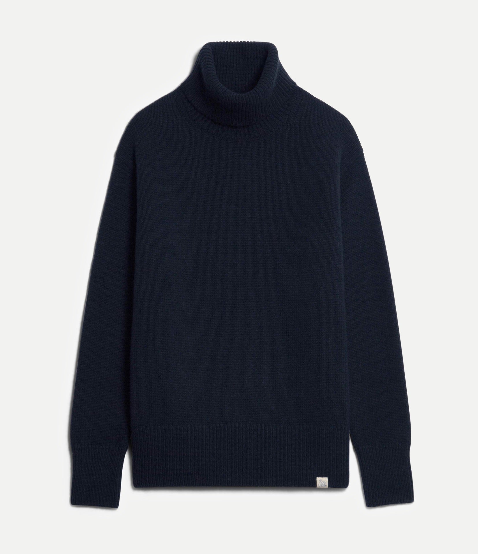 Dark blue turtleneck sweater on a light gray background