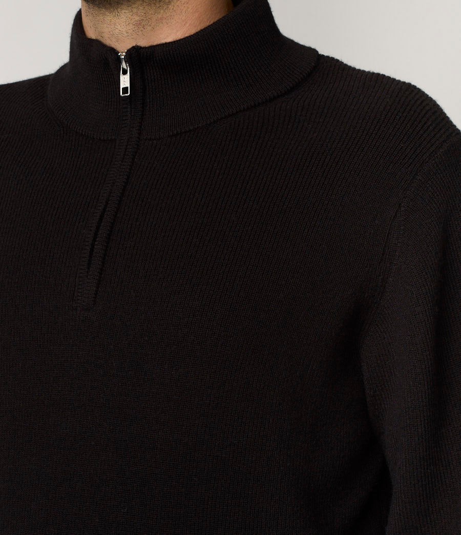 Close-up of a black sweater with a zipper on a neutral background