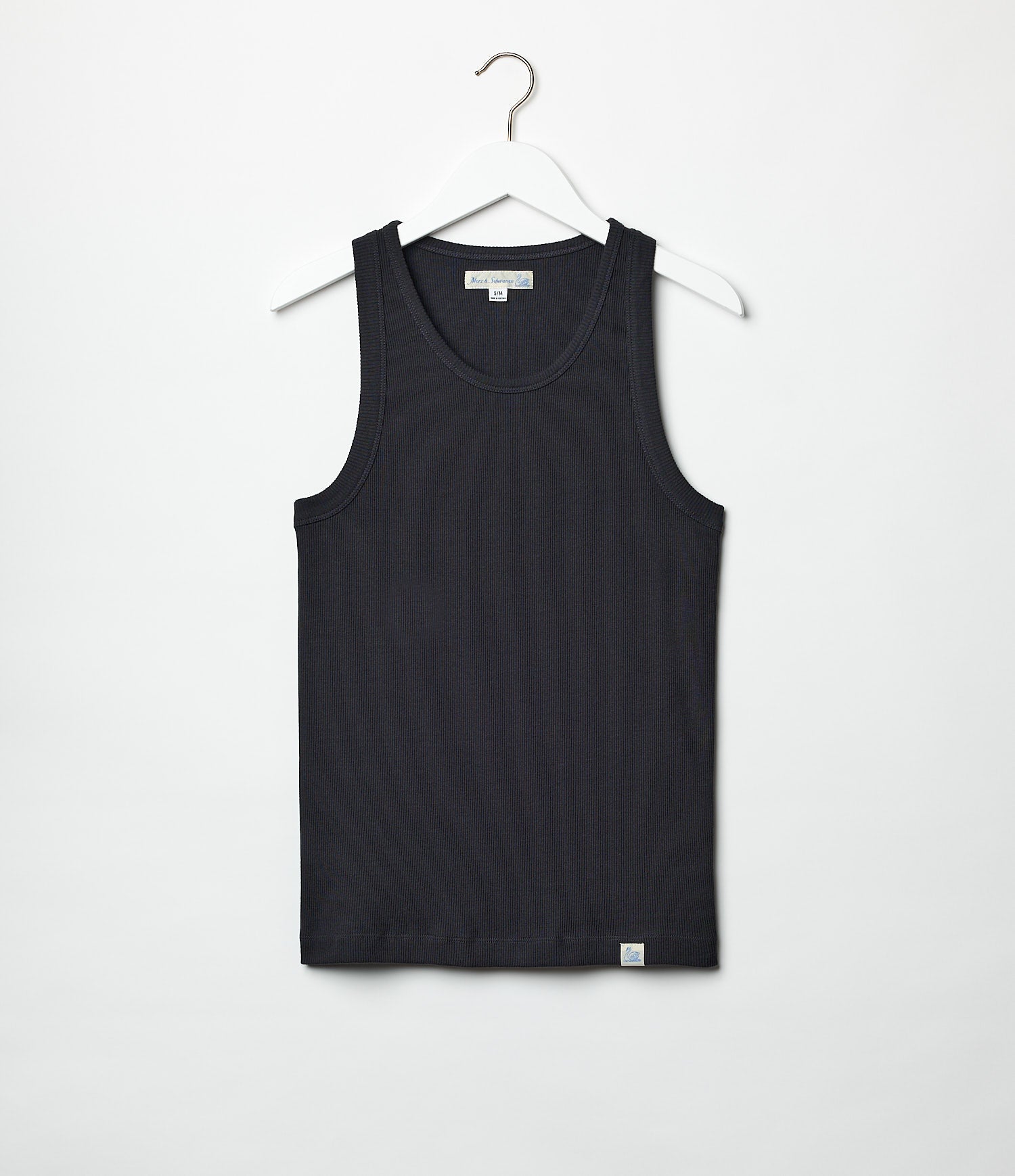 Dark grey ribbed cotton tank top hanging on a white hanger against a white background.