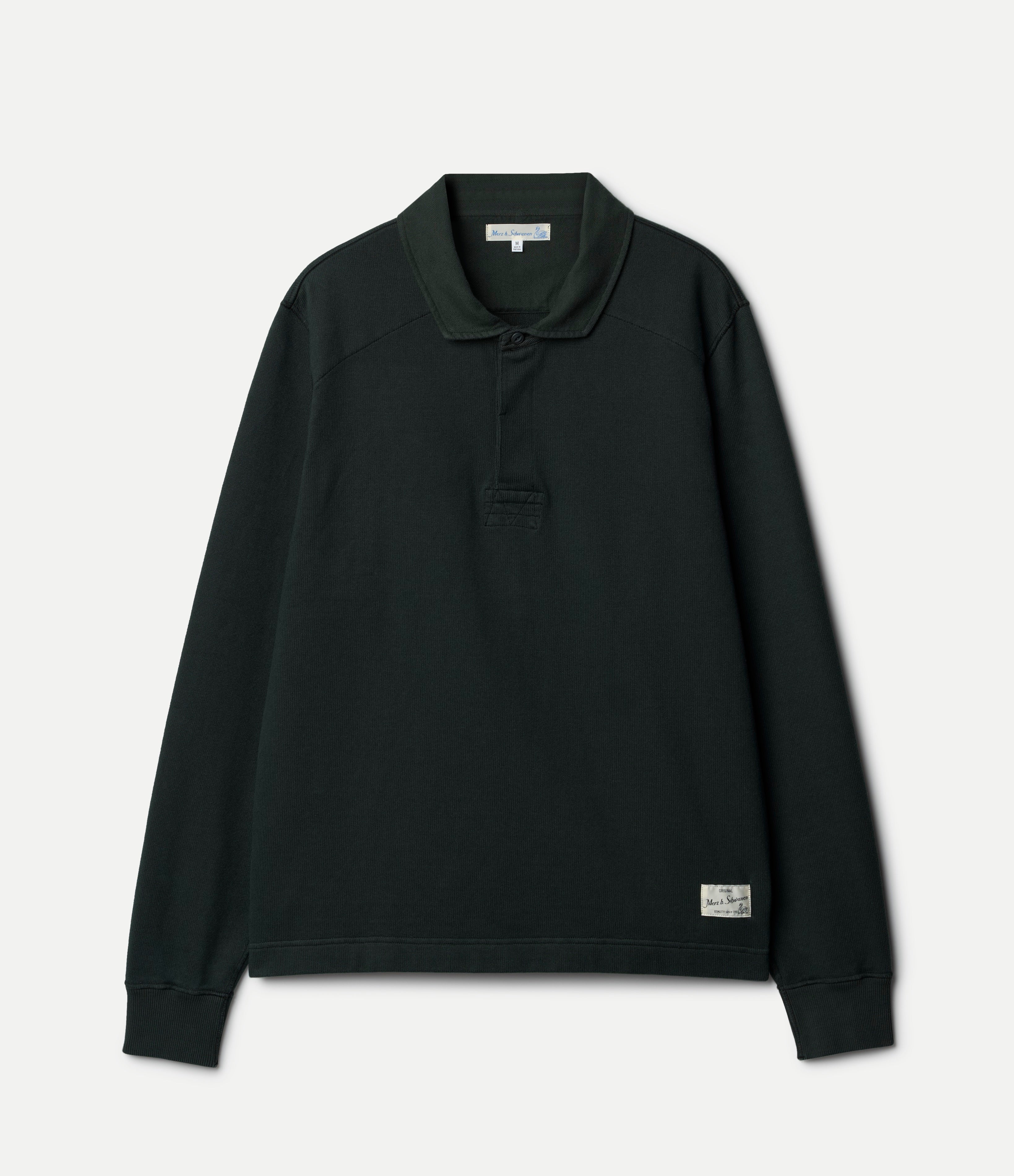 Green long-sleeve polo shirt on a light gray background