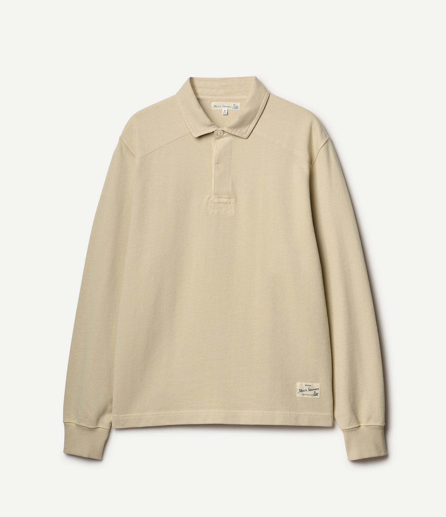 Beige long-sleeve rugby polo shirt on a white background