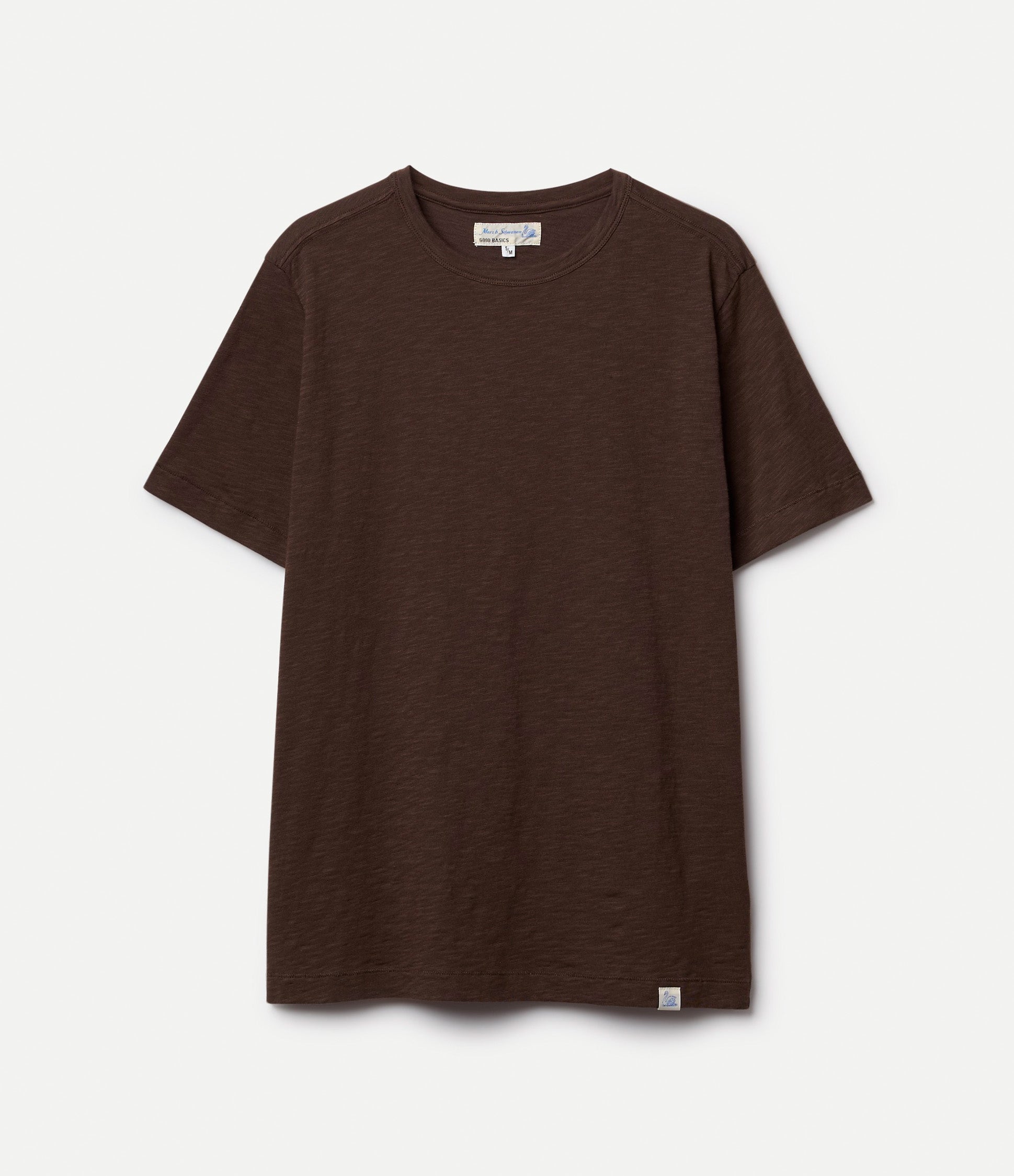 Brown short-sleeved crew neck t-shirt against white background