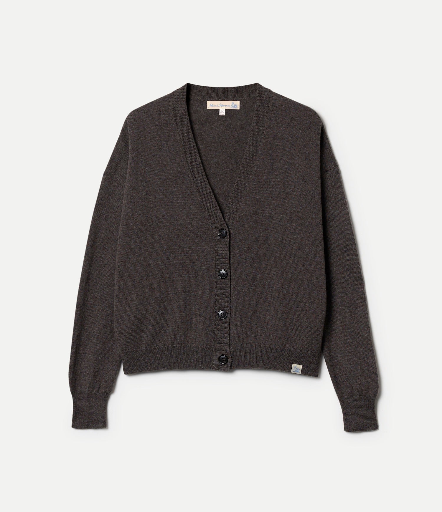 Dark gray cardigan made of merino wool, silk and cashmere against neutral background