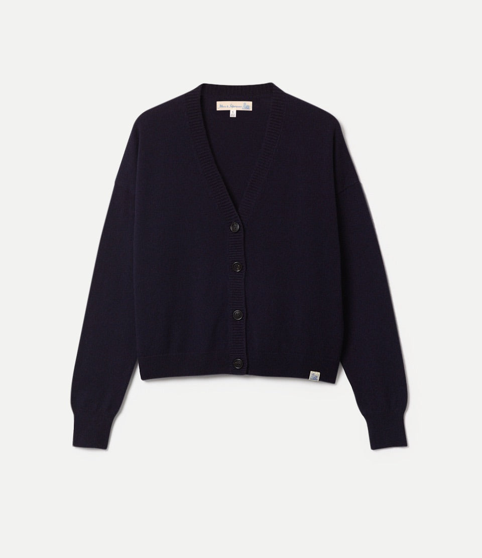 Navy blue cardigan on a light gray background