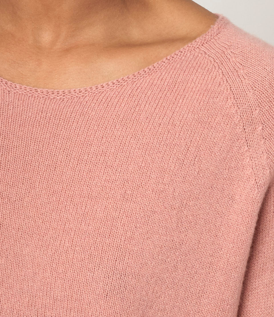Close-up of a pink sweater showing texture and neckline.