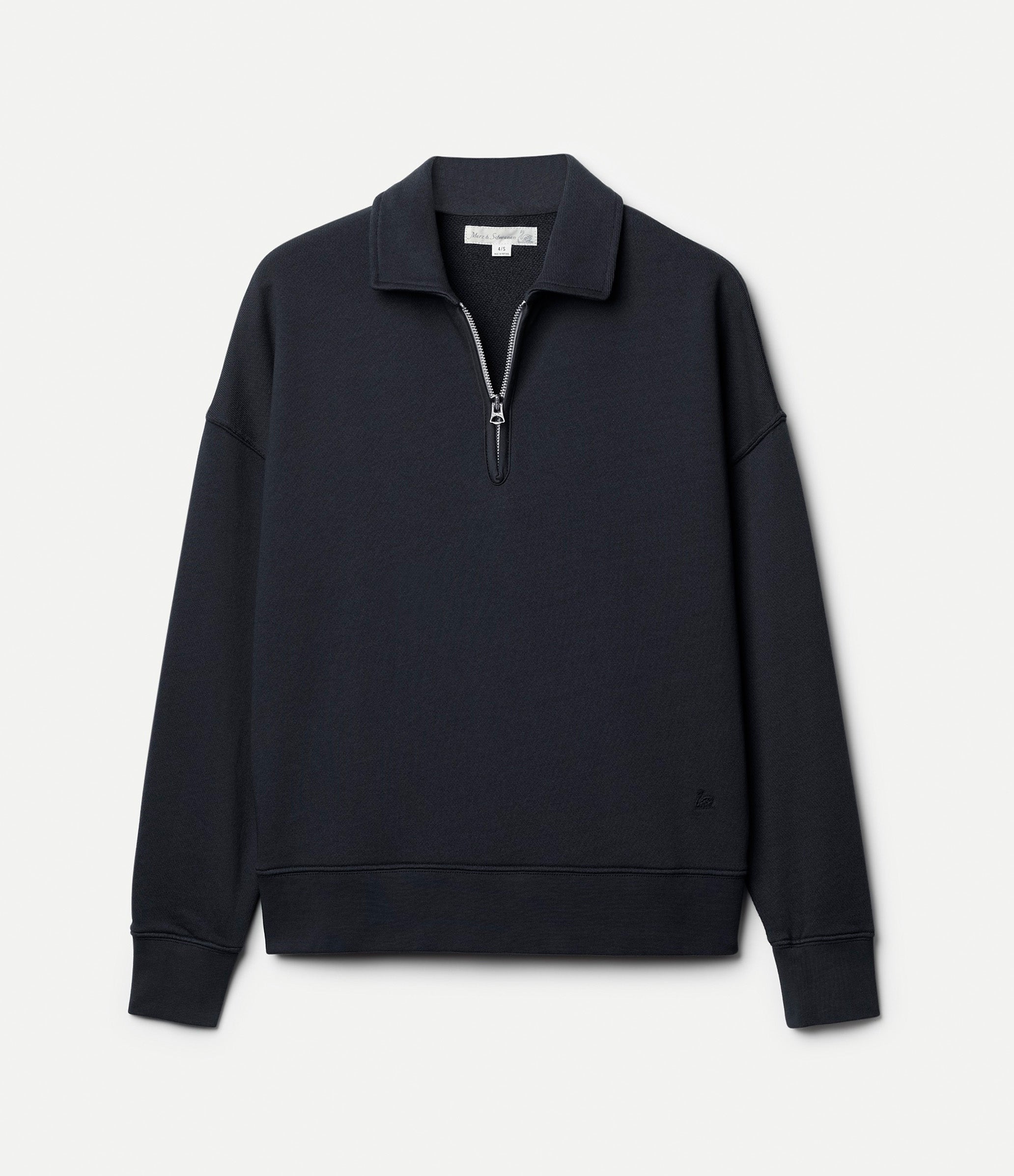 Navy blue half-zip sweatshirt on a light gray background