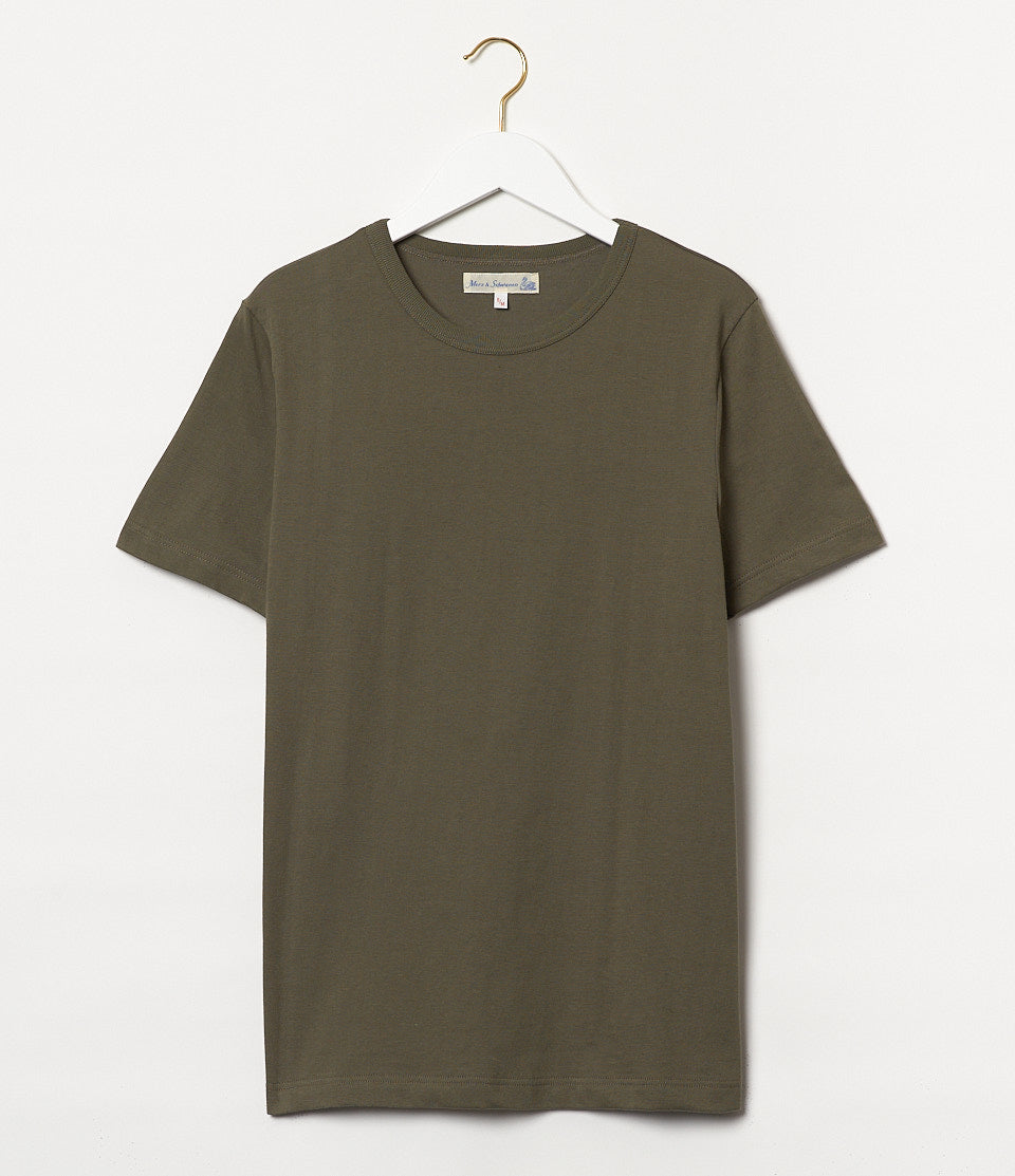 Olive green t-shirt on a hanger against a white background