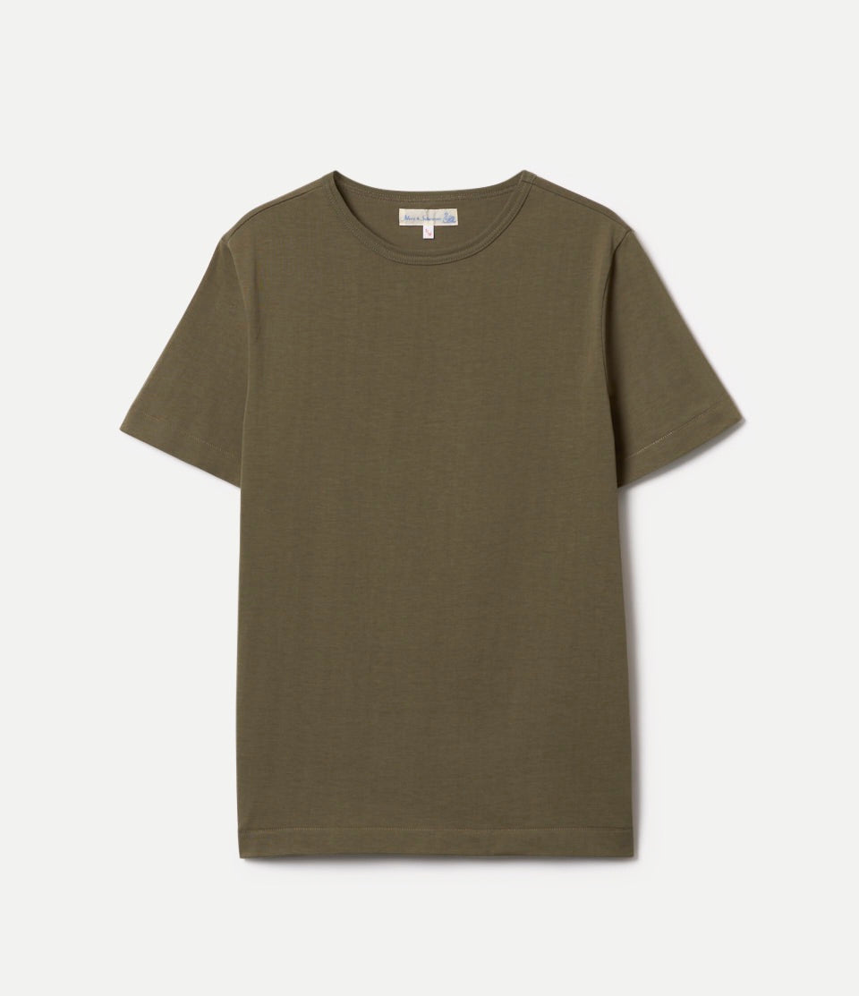 Olive green t-shirt on a light gray background
