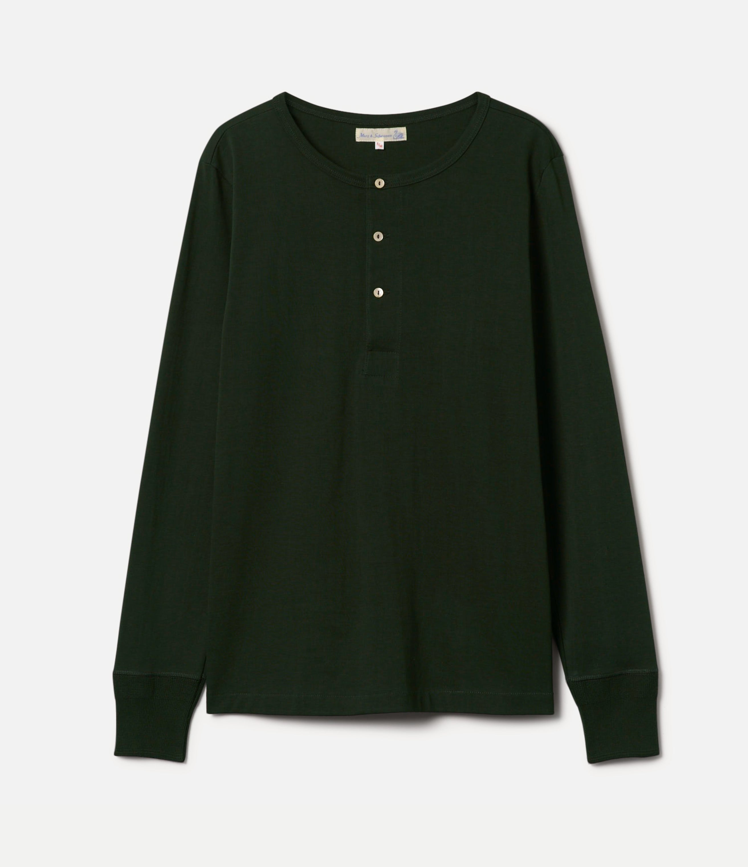 Dark green long-sleeve henley shirt on a light gray background