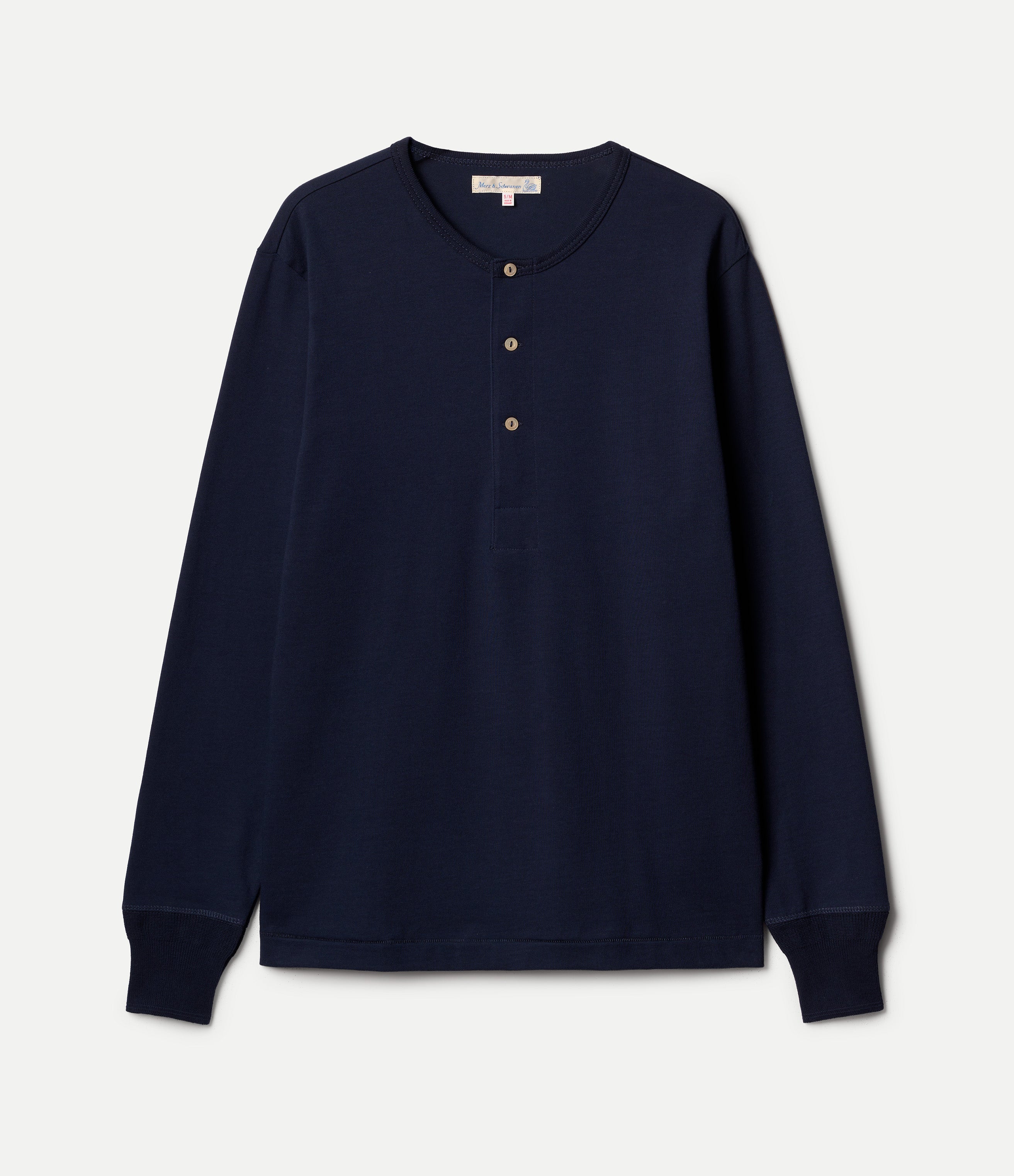 Navy long-sleeve henley shirt on a light gray background