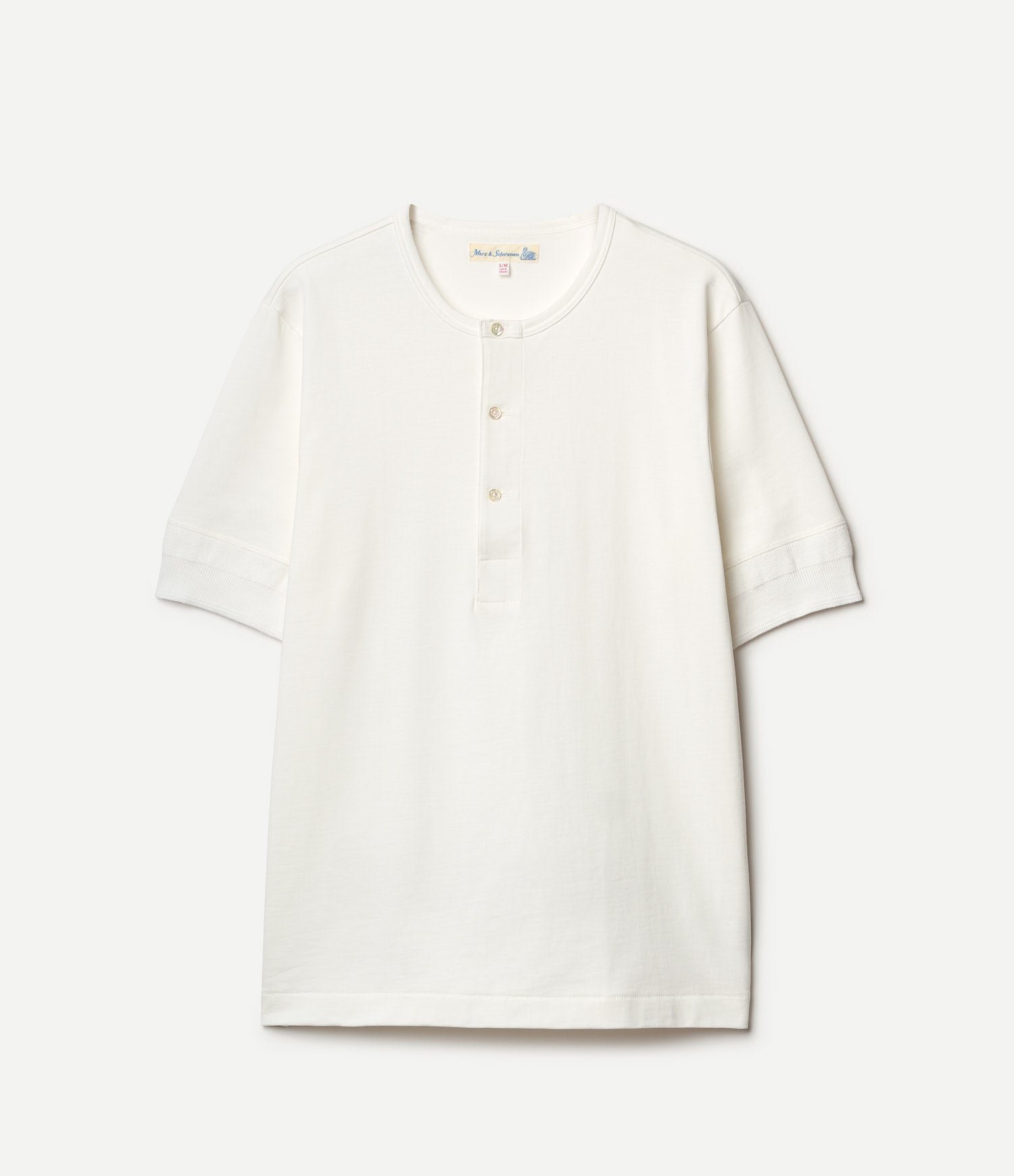 White henley shirt with short sleeves on a light gray background