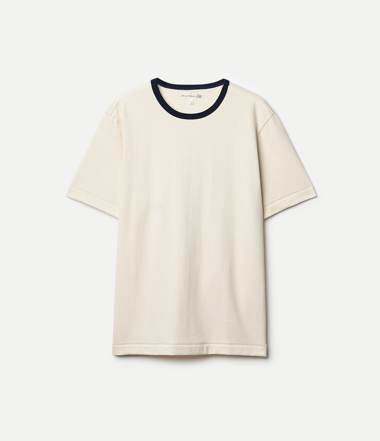 Beige t-shirt with navy neckline on a white background