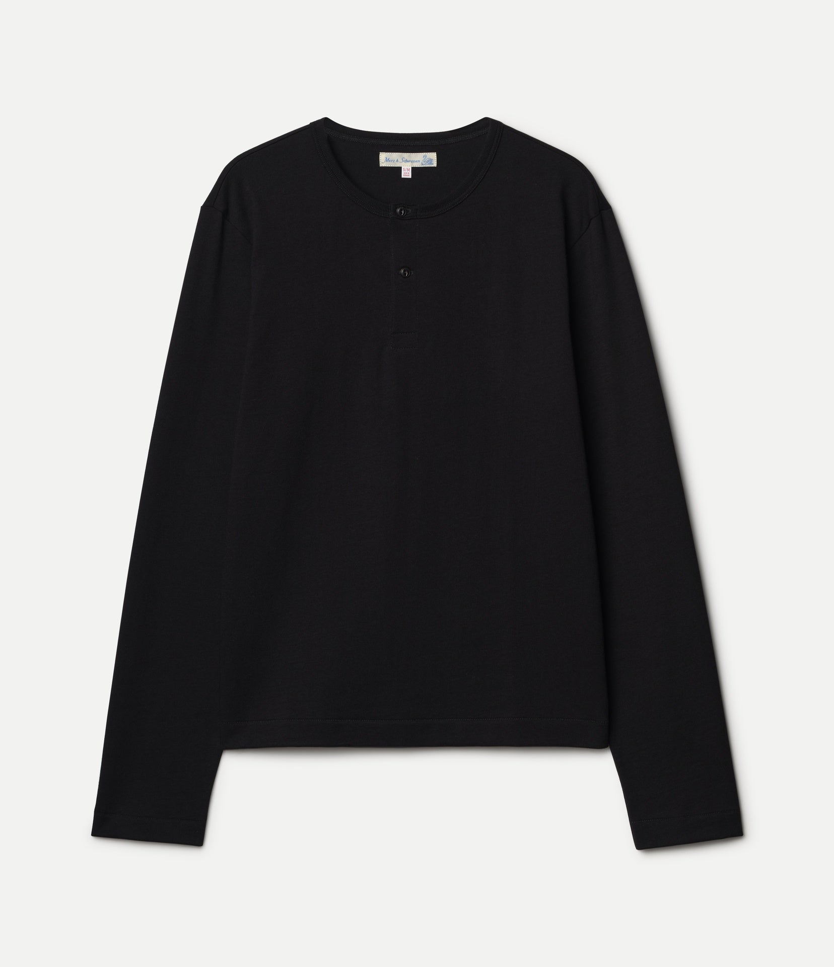A black long-sleeve henley top with a crew neck and three-button placket, displayed flat against a light gray background.