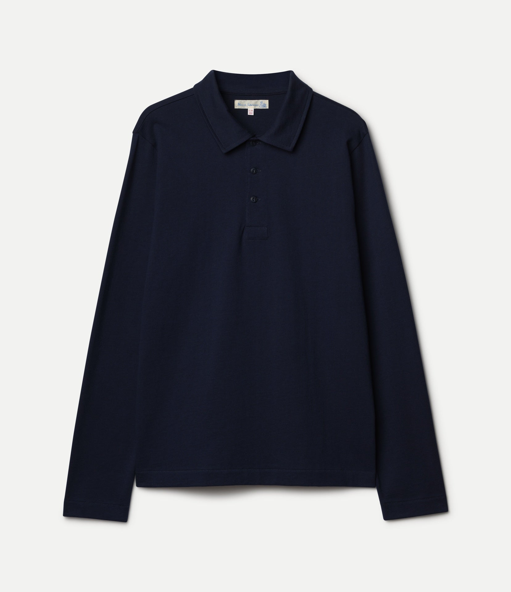 A dark navy blue long-sleeve polo shirt with a three-button placket, displayed flat against a light gray background.