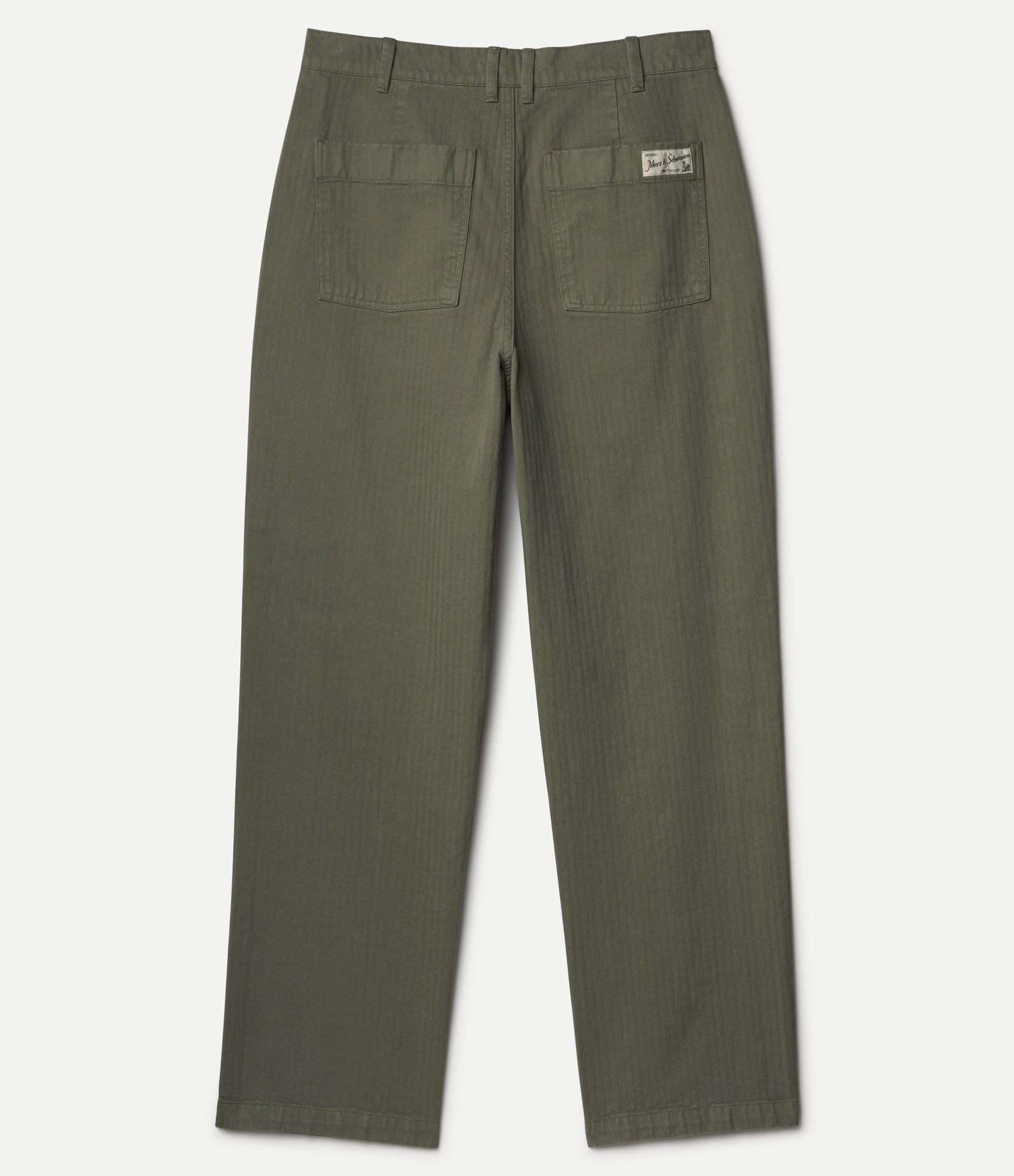 A pair of olive green trousers shown from the back, featuring a straight-leg fit, belt loops, and two back patch pockets on a light gray background.