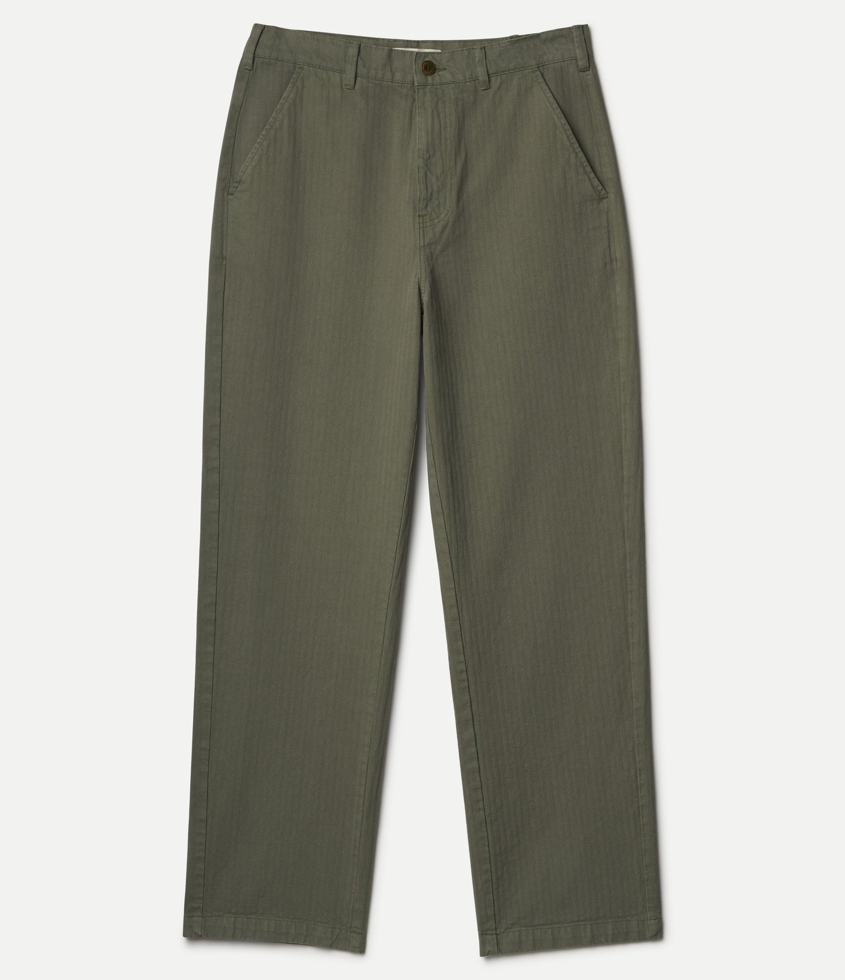 Olive green straight-leg pants shown flat against a light gray background.