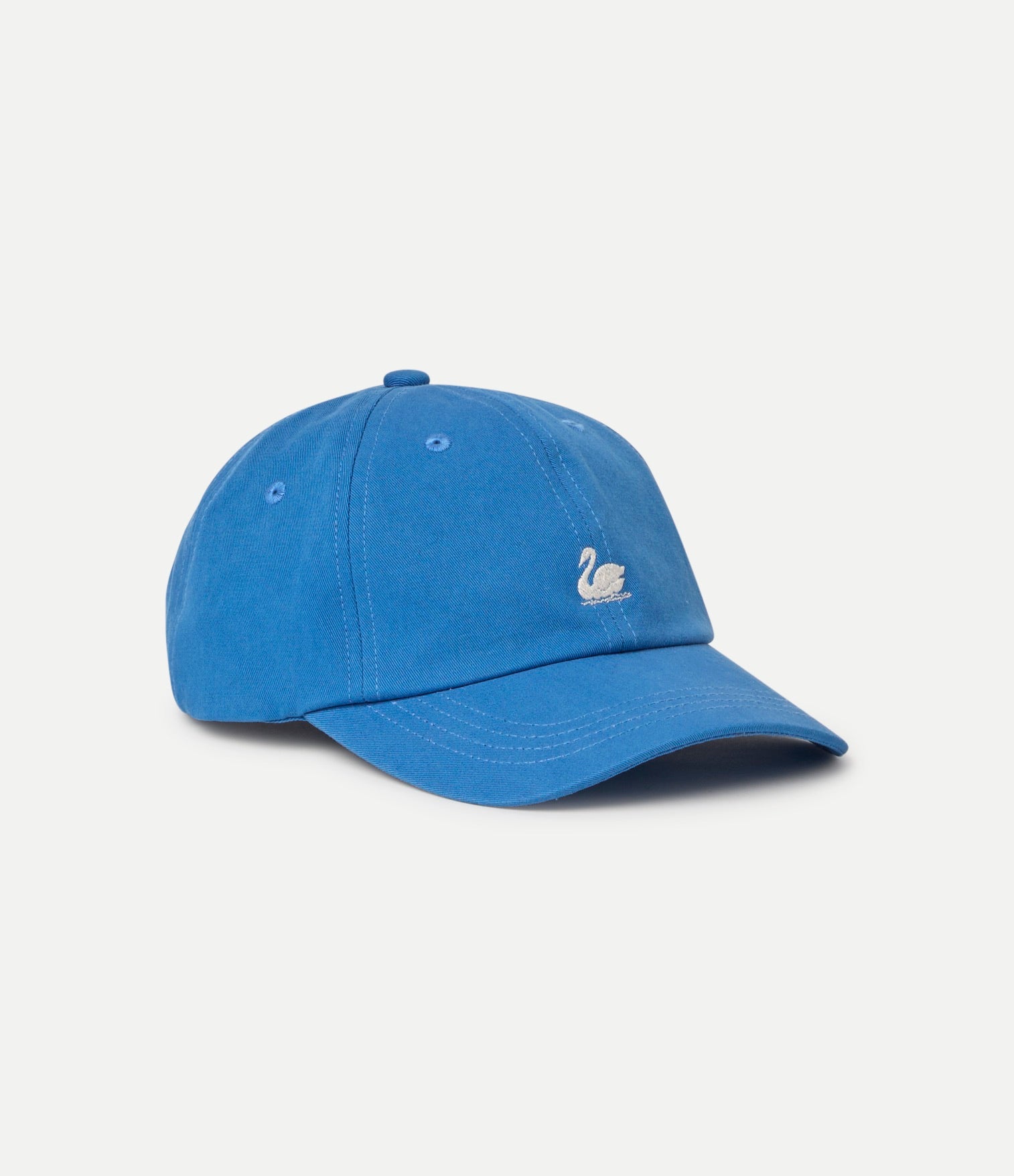 Blue cap with a swan logo on a light gray background