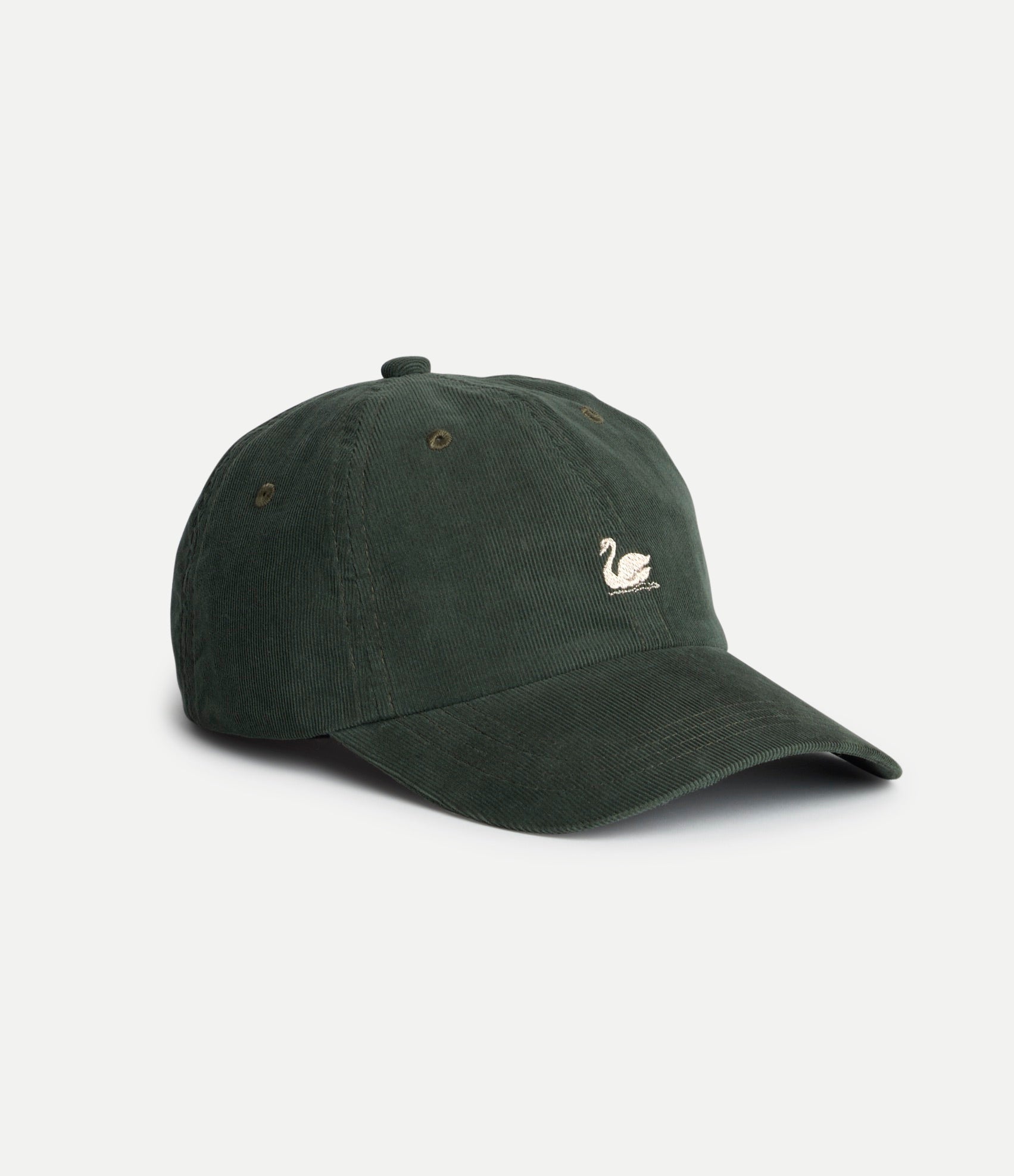 Dark green corduroy cap with a small swan logo on a light gray background