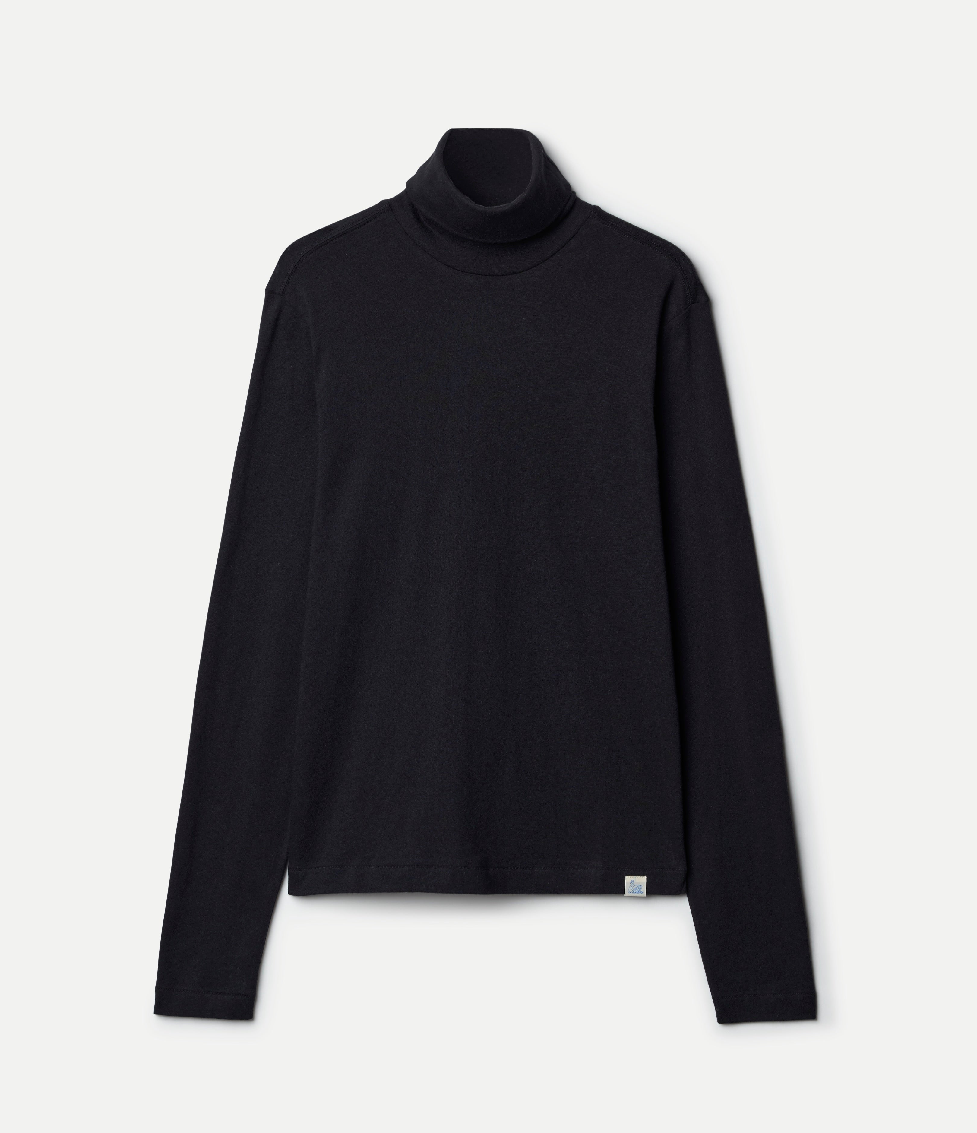 Black cashmere turtleneck log sleeve shirt against neutral background