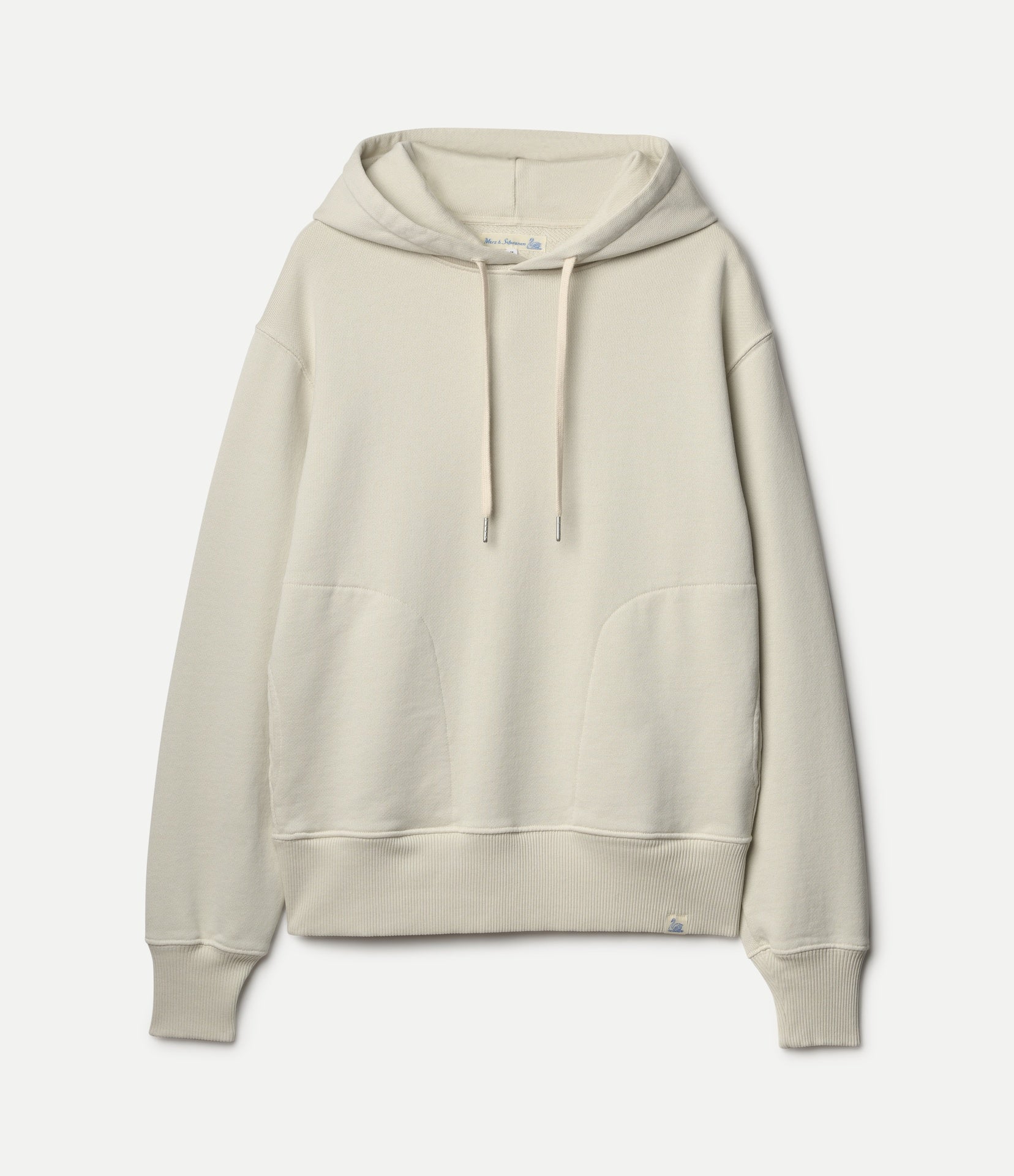 A light cream-colored pullover hoodie with matching drawstrings, displayed flat against a clean, off-white background.