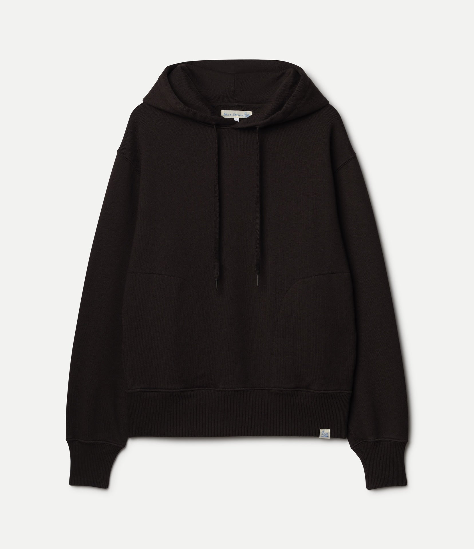 A dark brown pullover hoodie with drawstrings and a front kangaroo pocket, photographed flat against a light gray background.