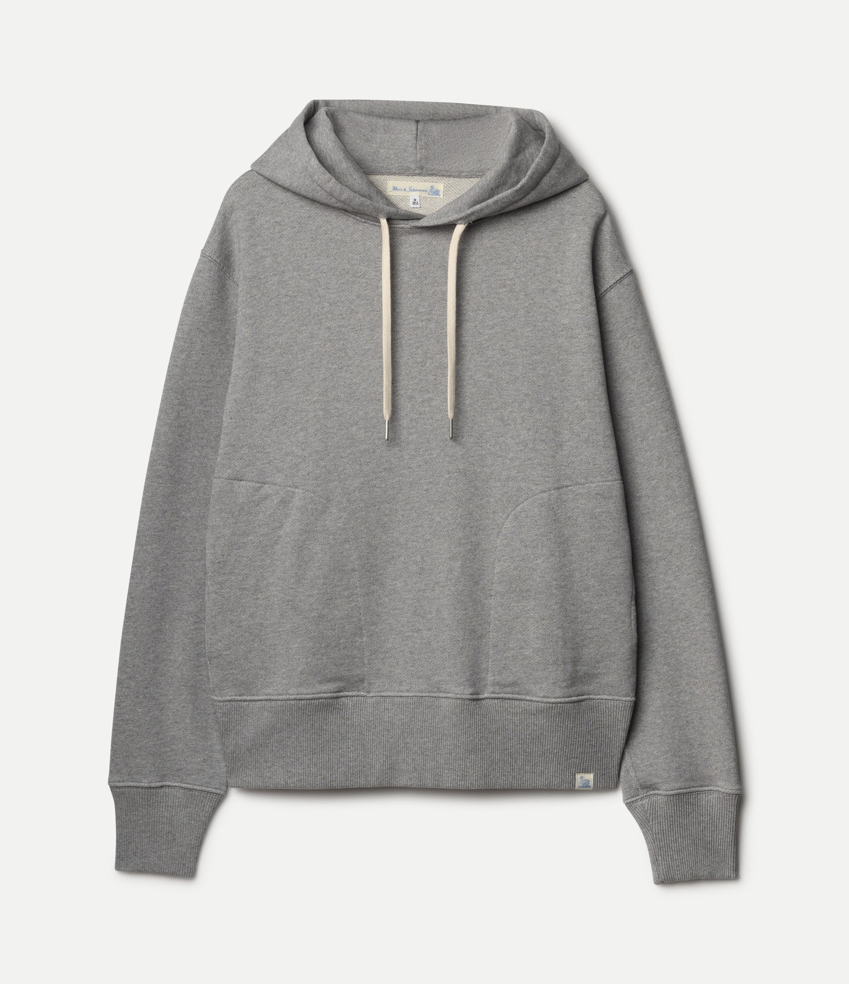 A heather gray pullover hoodie with light beige drawstrings, displayed flat against a light off-white background.