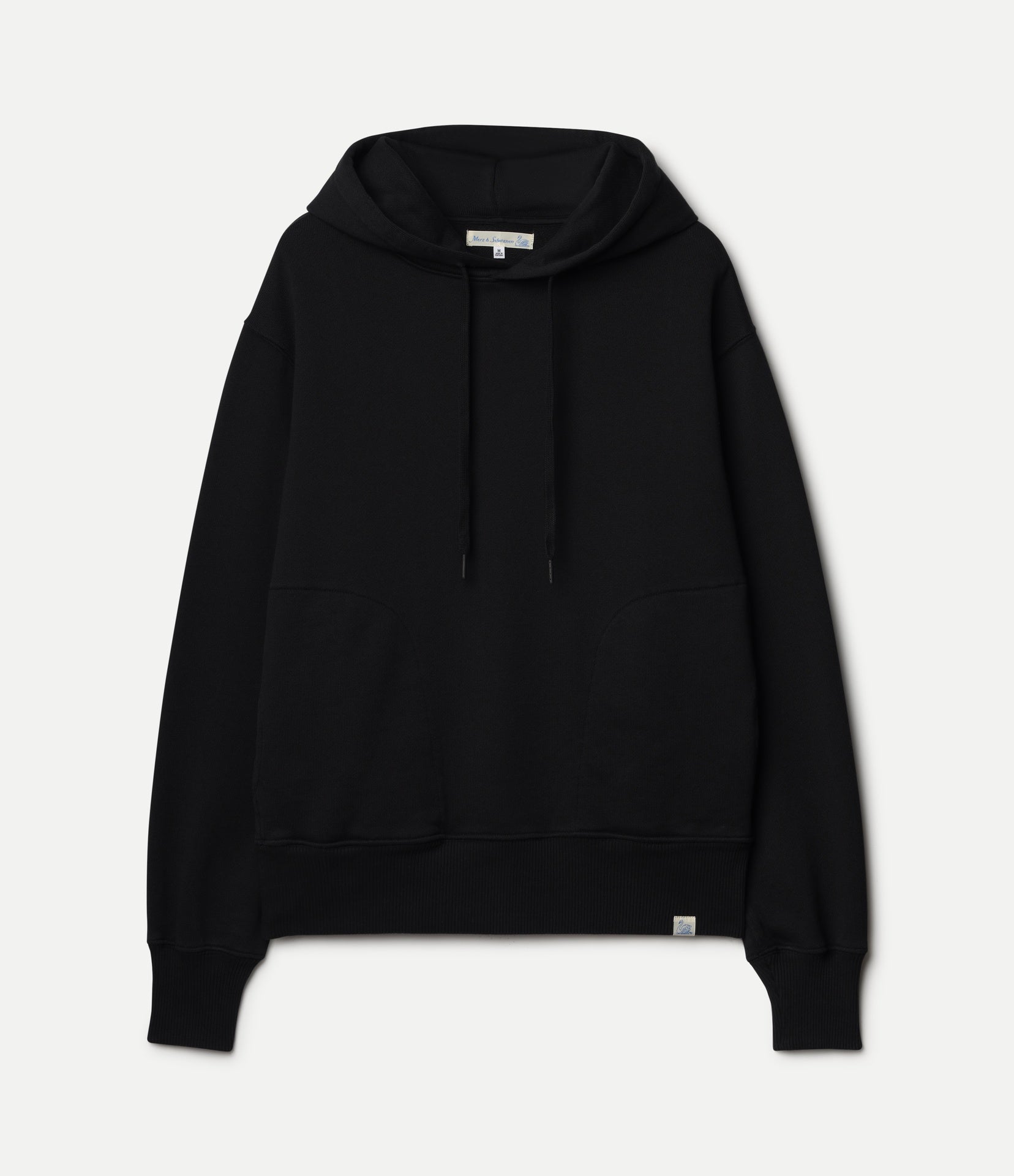 A black pullover hoodie with drawstrings and a kangaroo pocket, displayed flat against a light off-white background.
