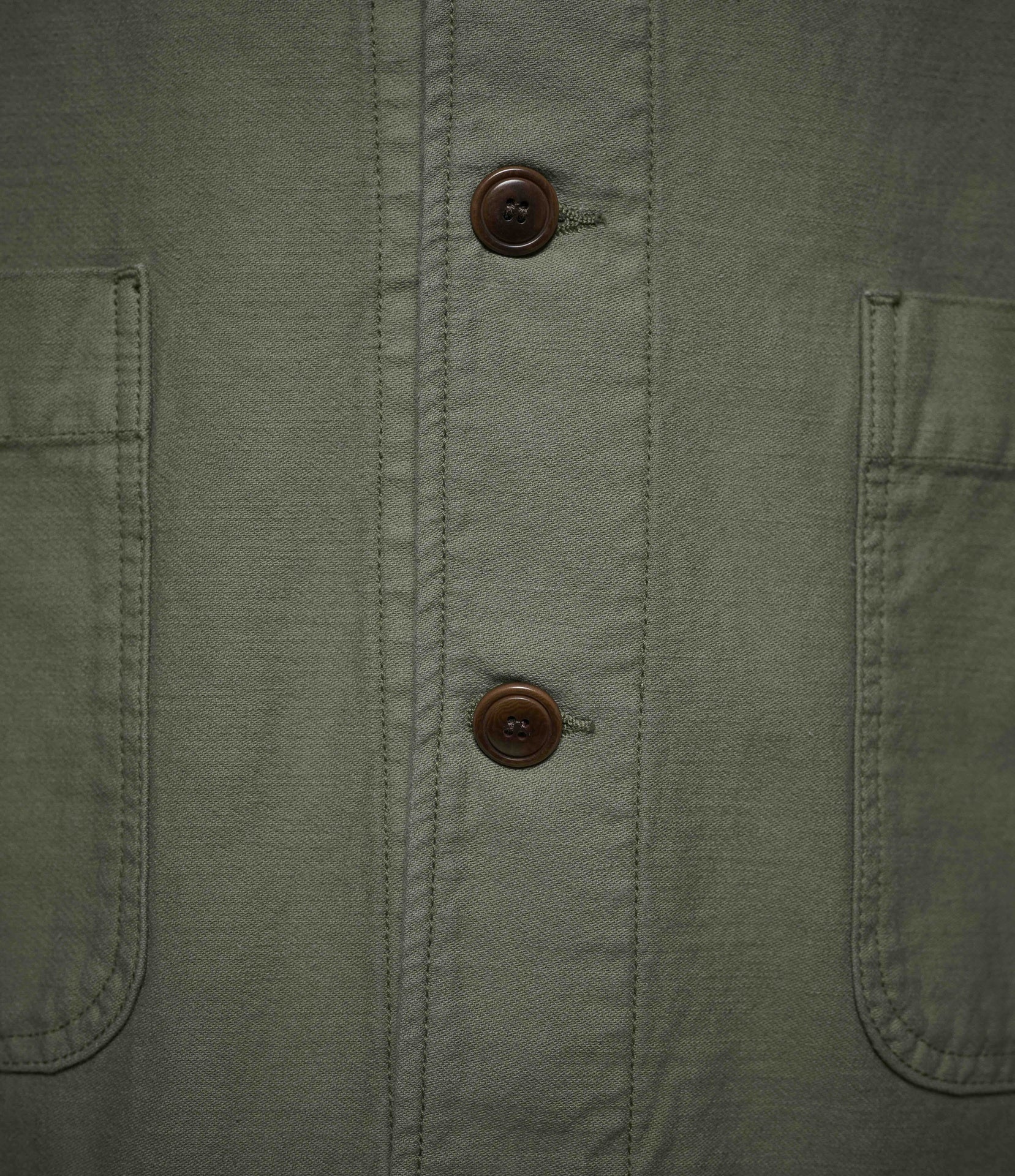 Close-up of an olive green jacket canvas fabric with two brown buttons and side pockets, showing detailed stitching.