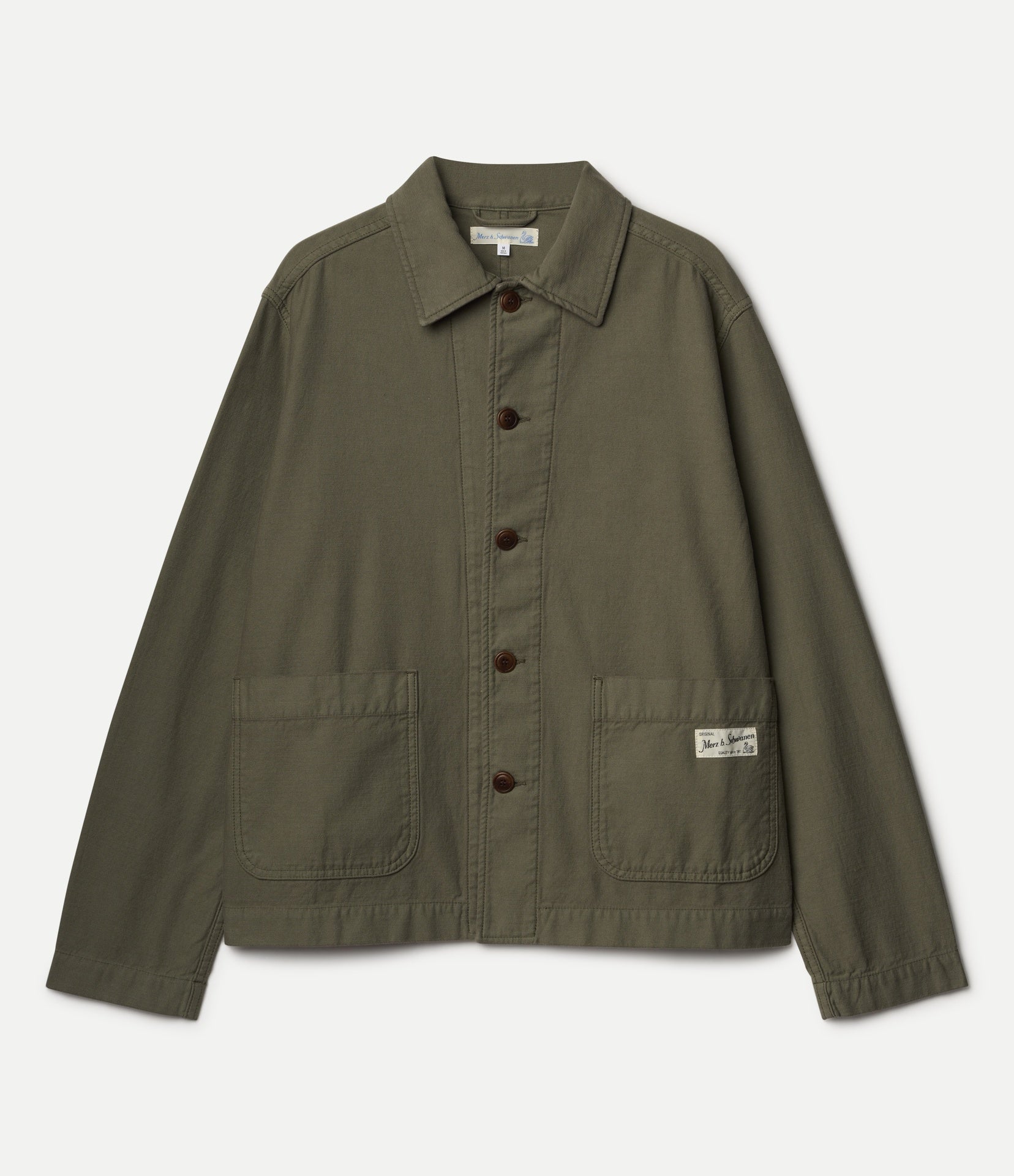 An olive green utility jacket with a button-up front, collar, and two front patch pockets, shown flat against a light gray background.