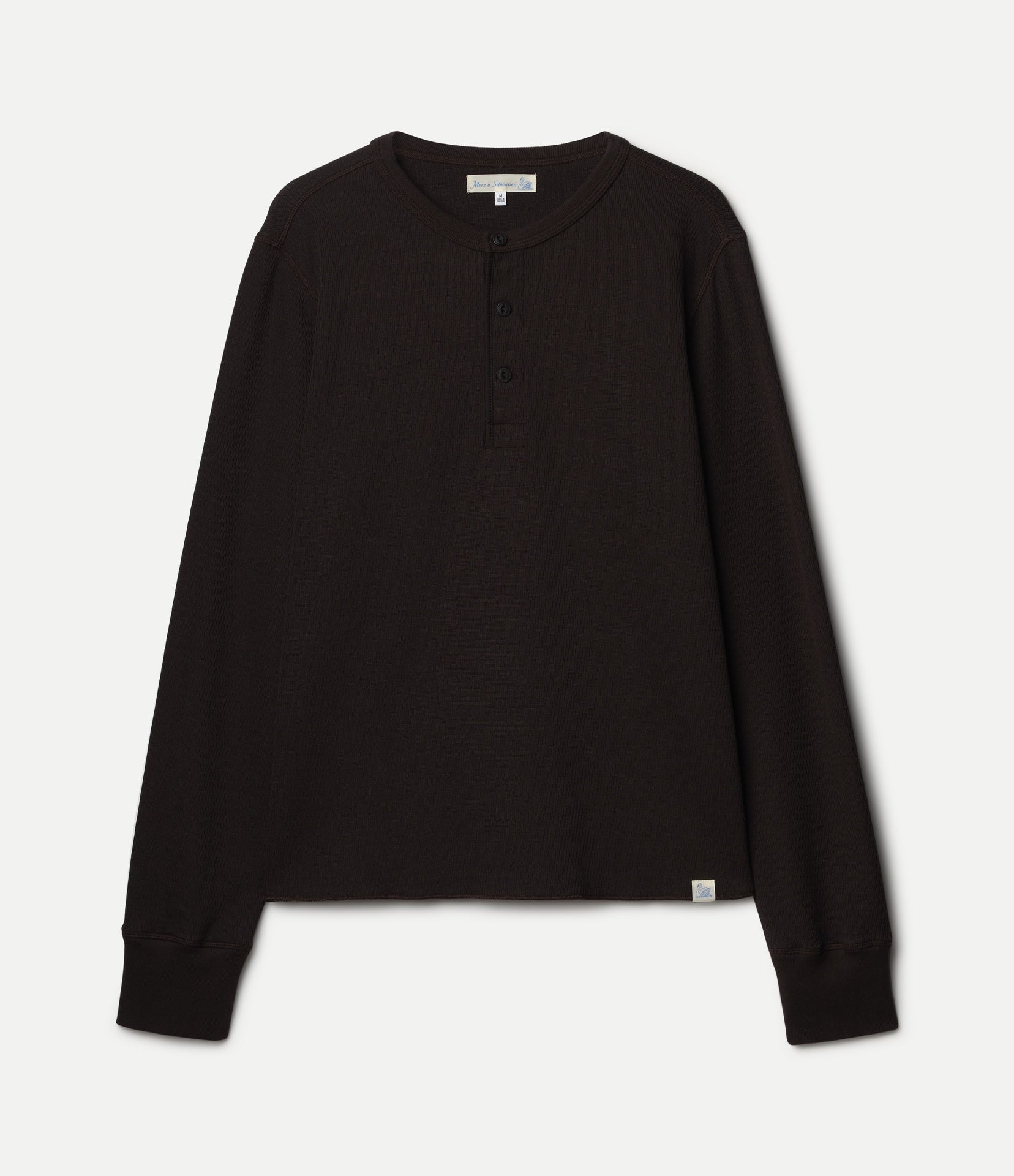 Dark brown long-sleeve knitted henley on a white background