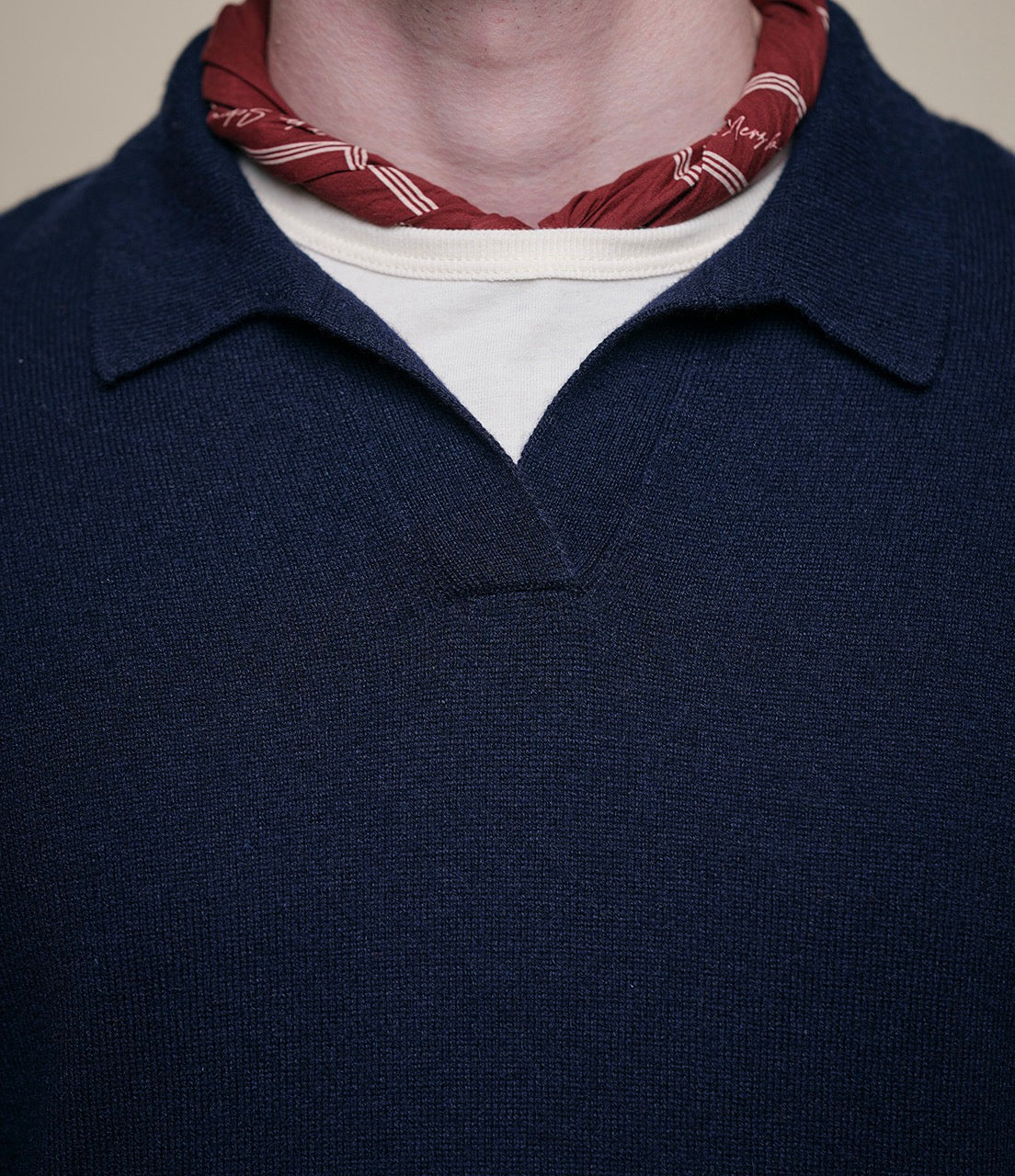 Navy sweater with a white shirt and red patterned scarf on a neutral background