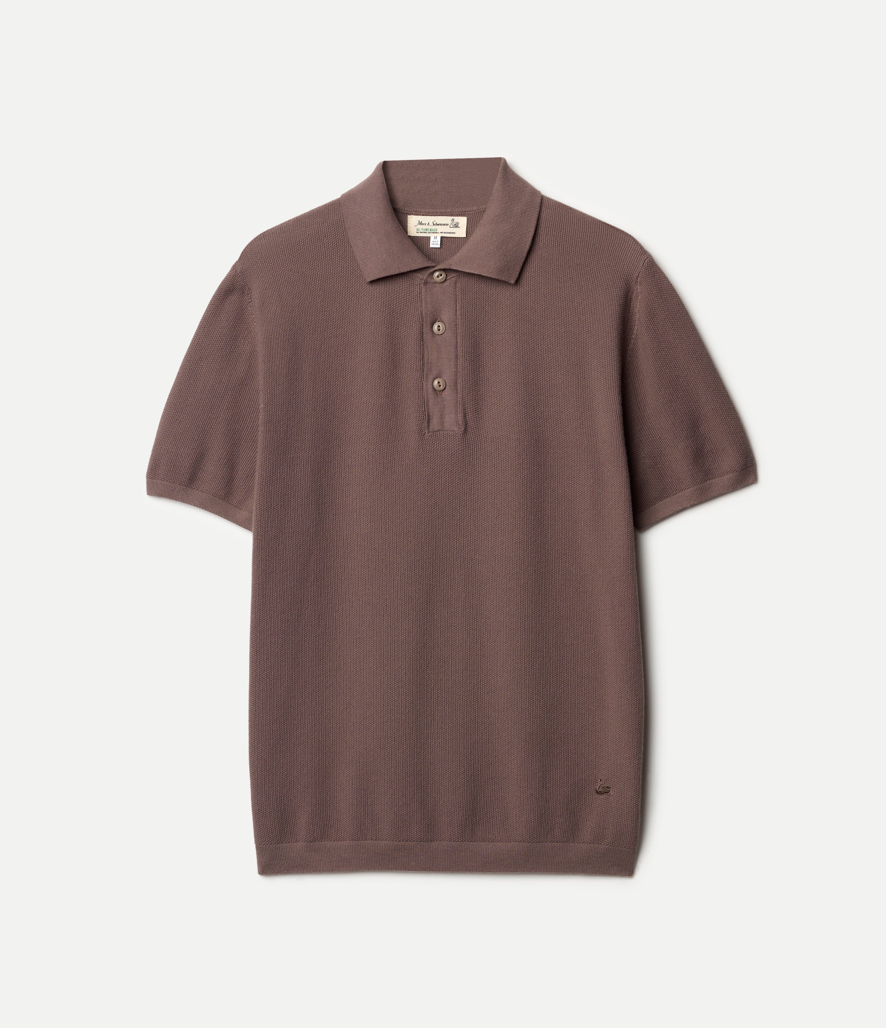 Brown knitted cotton polo shirt on a light gray background