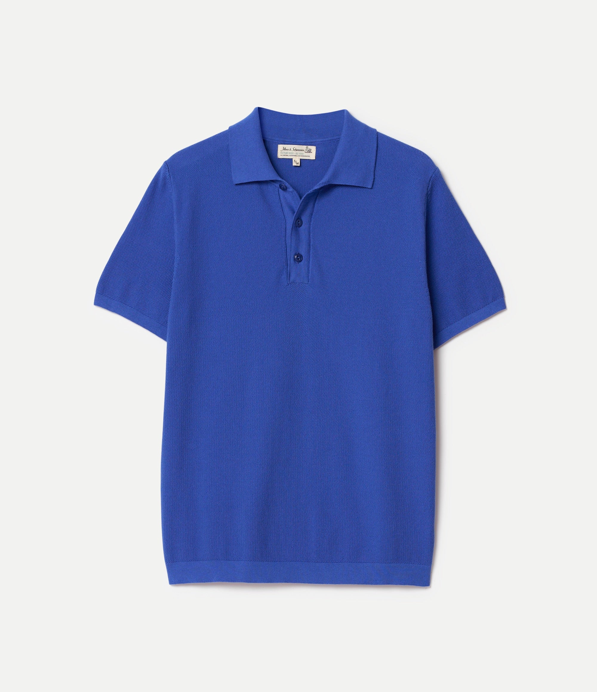 Blue knitted cotton polo shirt on a light gray background