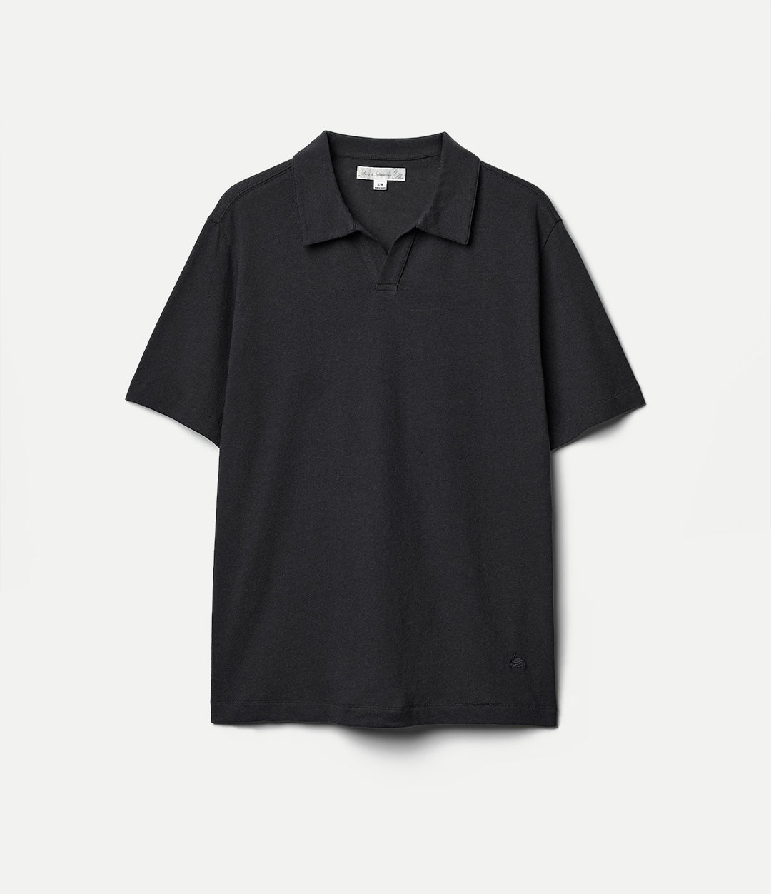 Black linen polo shirt on a light gray background
