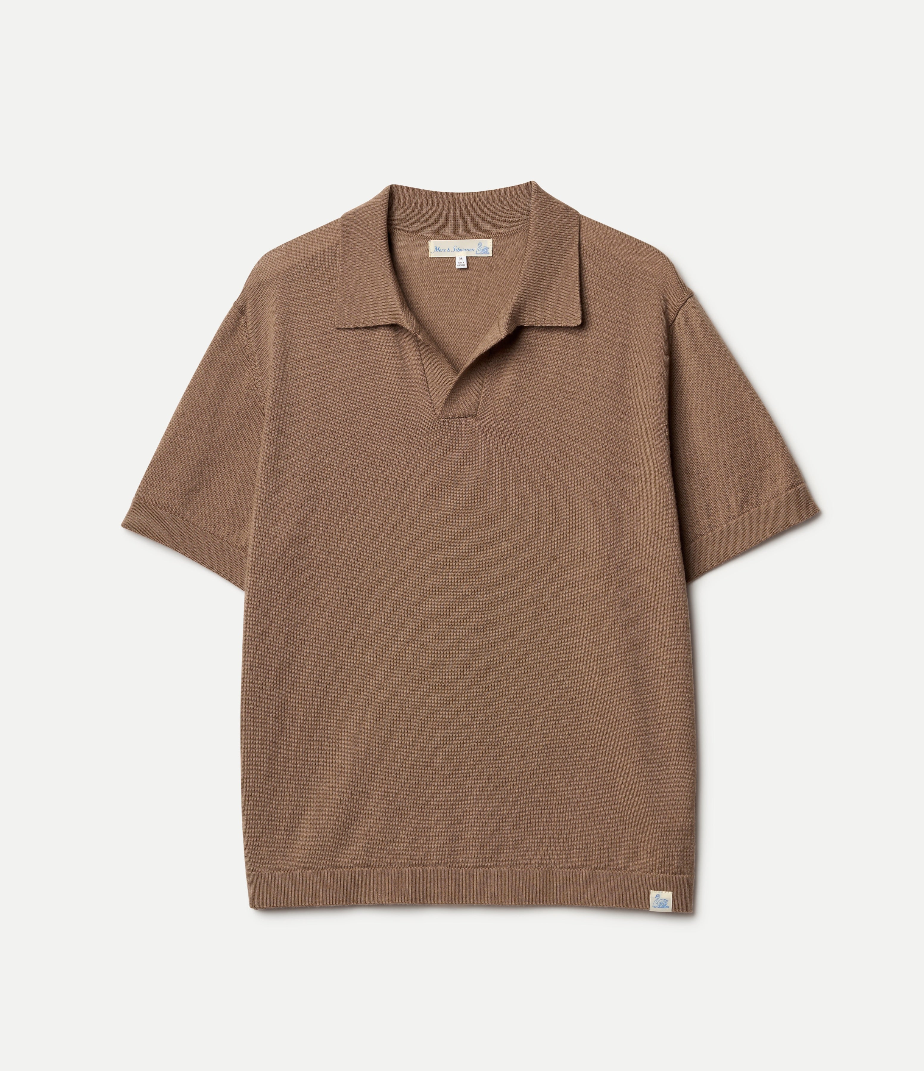 Brown knitted merino wool polo shirt on a light gray background