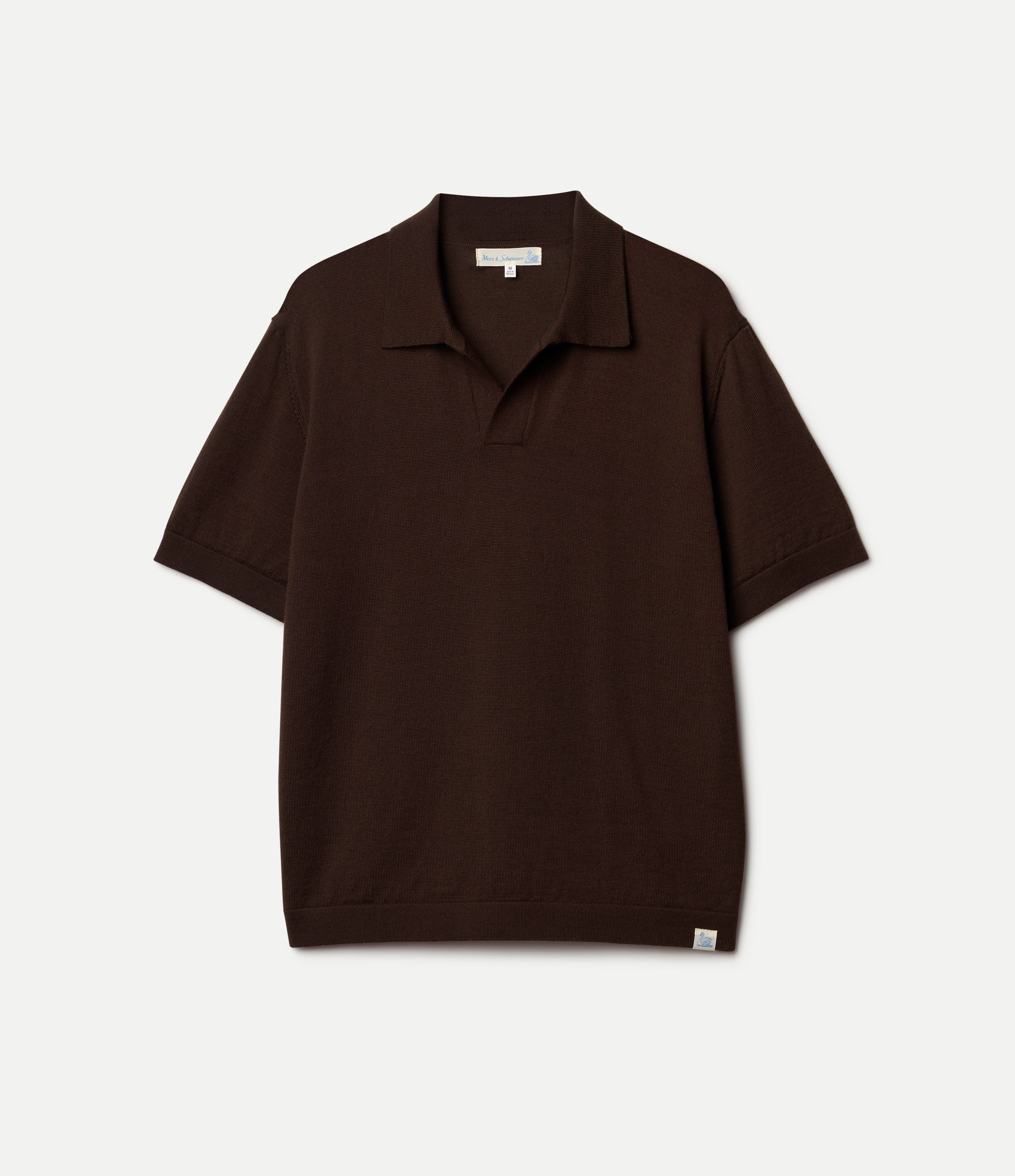 Brown knitted merino wool polo shirt on a light gray background