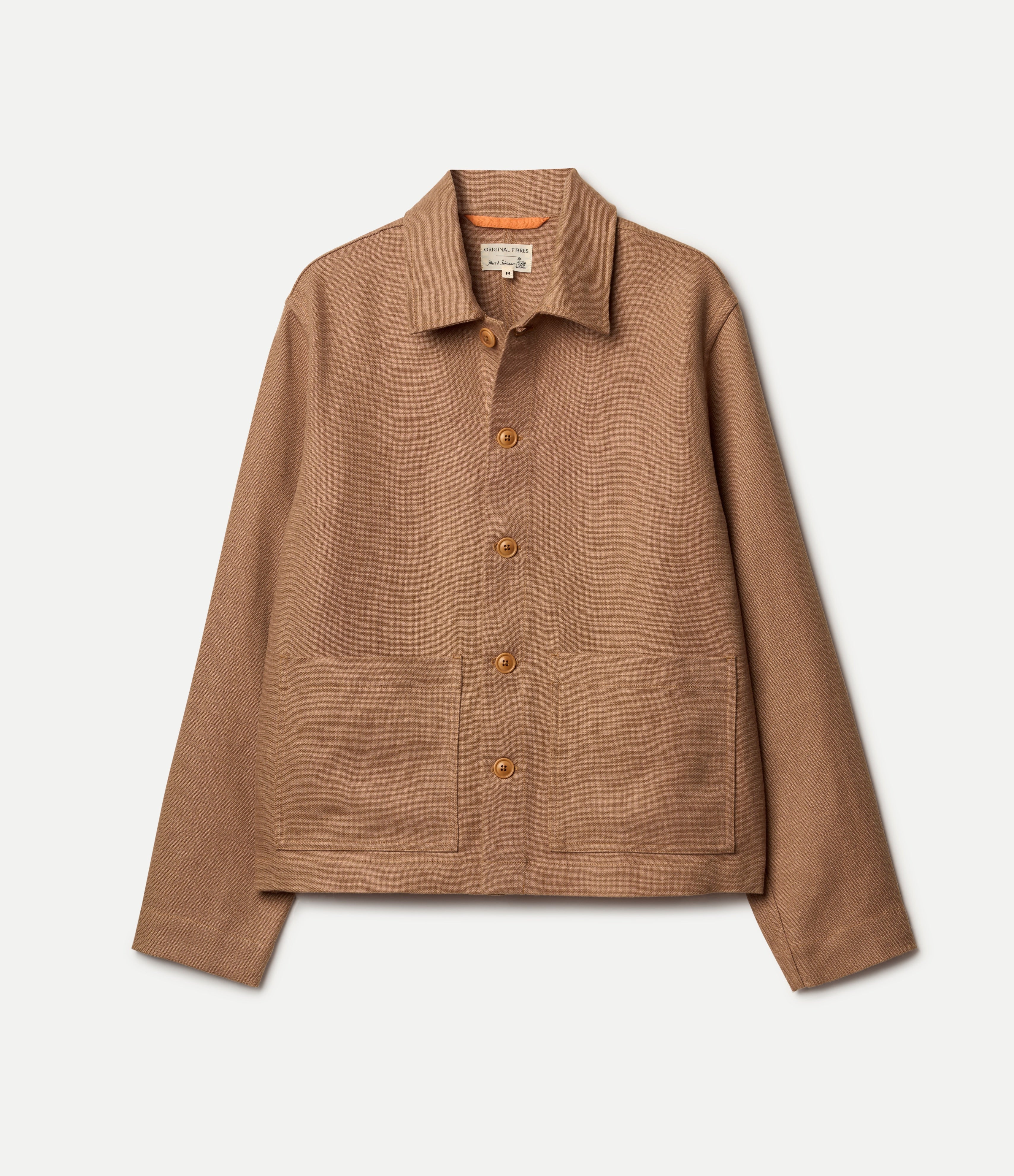 Brown linen jacket with button details on a light gray background