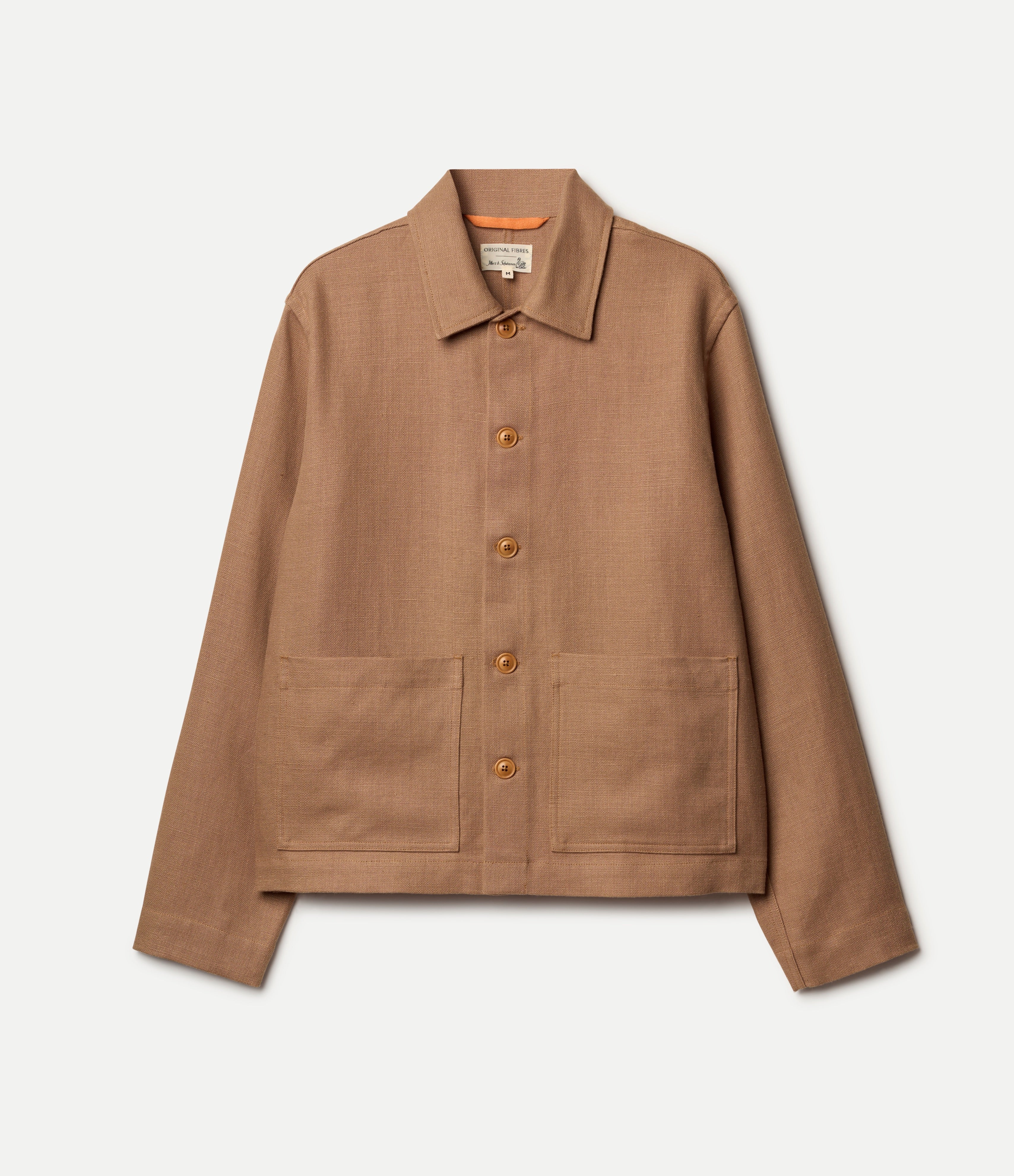 Brown linen jacket with button details on a light gray background