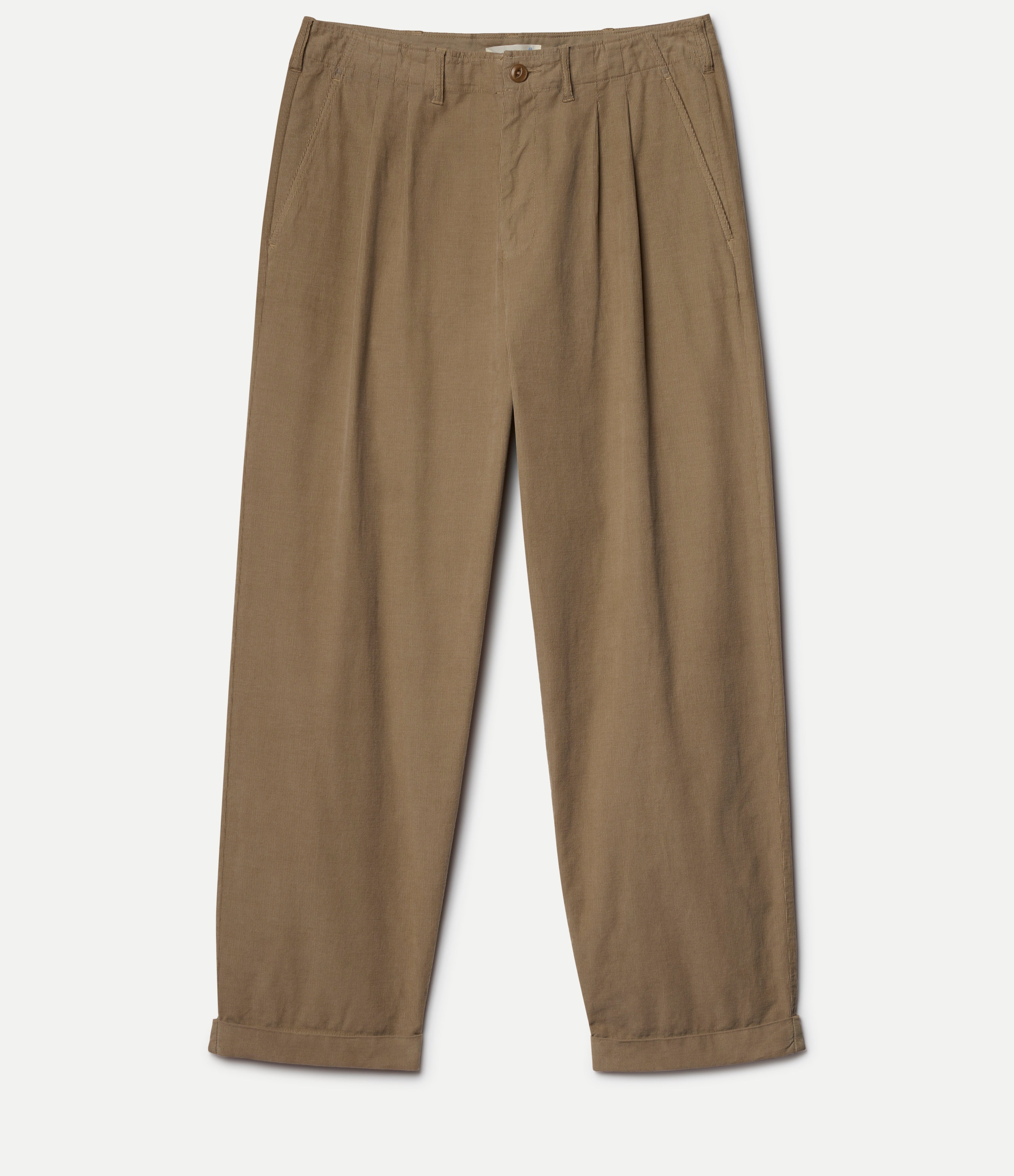 Khaki corduroy pants on a light gray background
