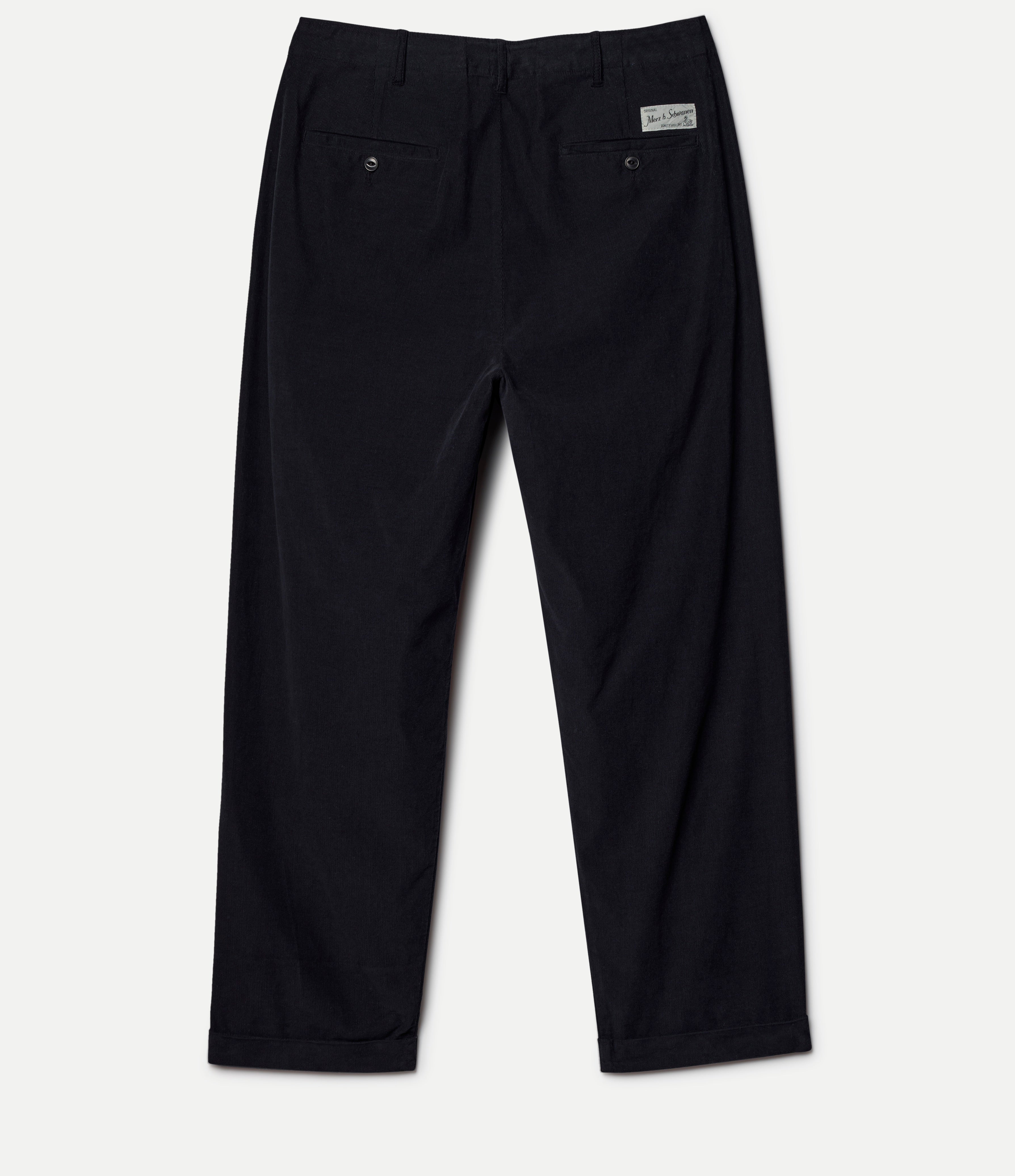 Black corduroy pants with a brand logo on a white background