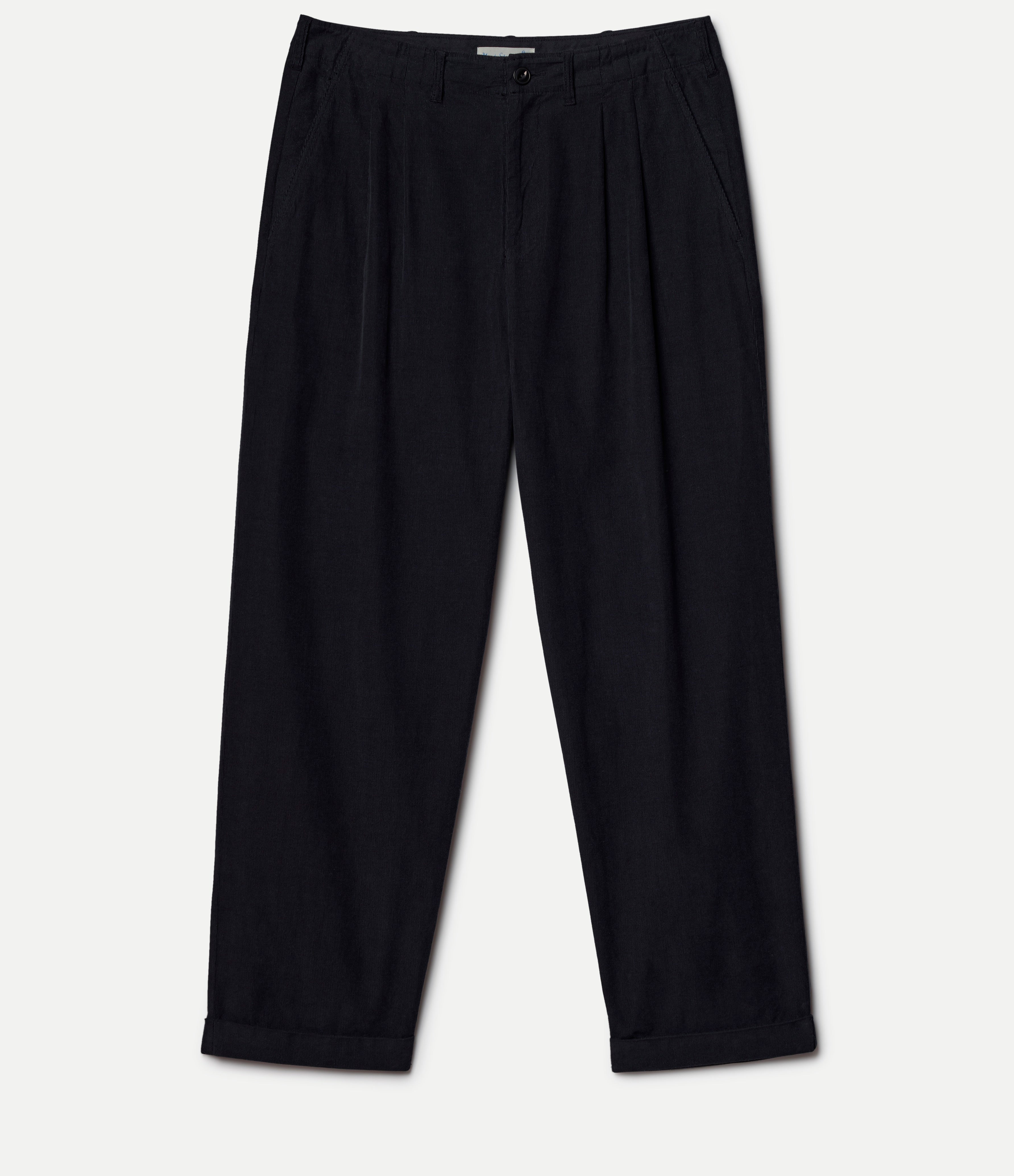 Black corduroy pants on a white background