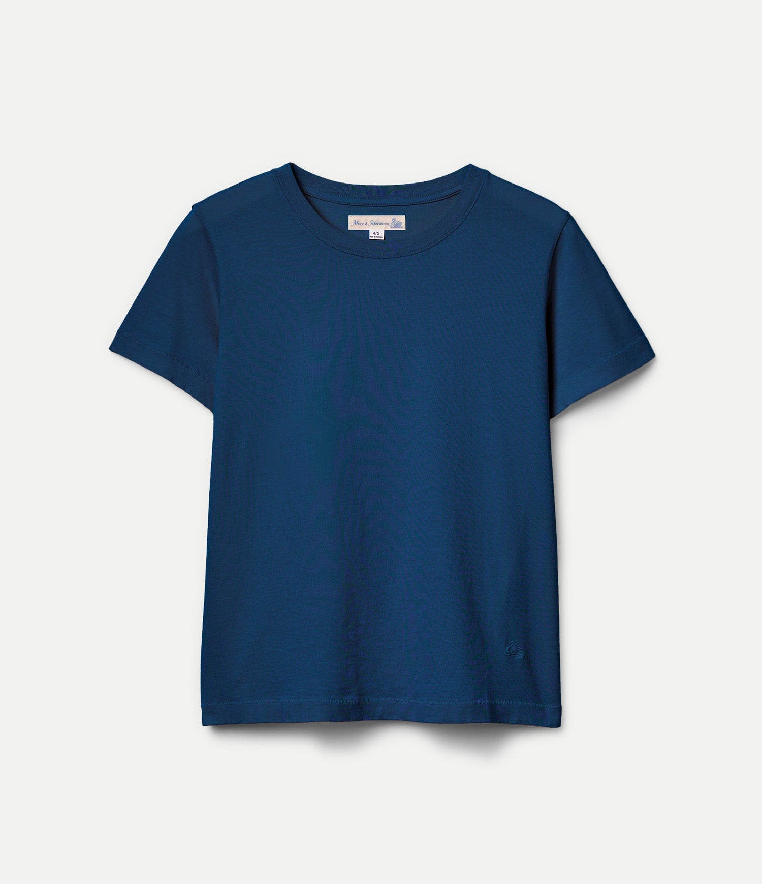 Indigo t-shirt on a hanger against a white background