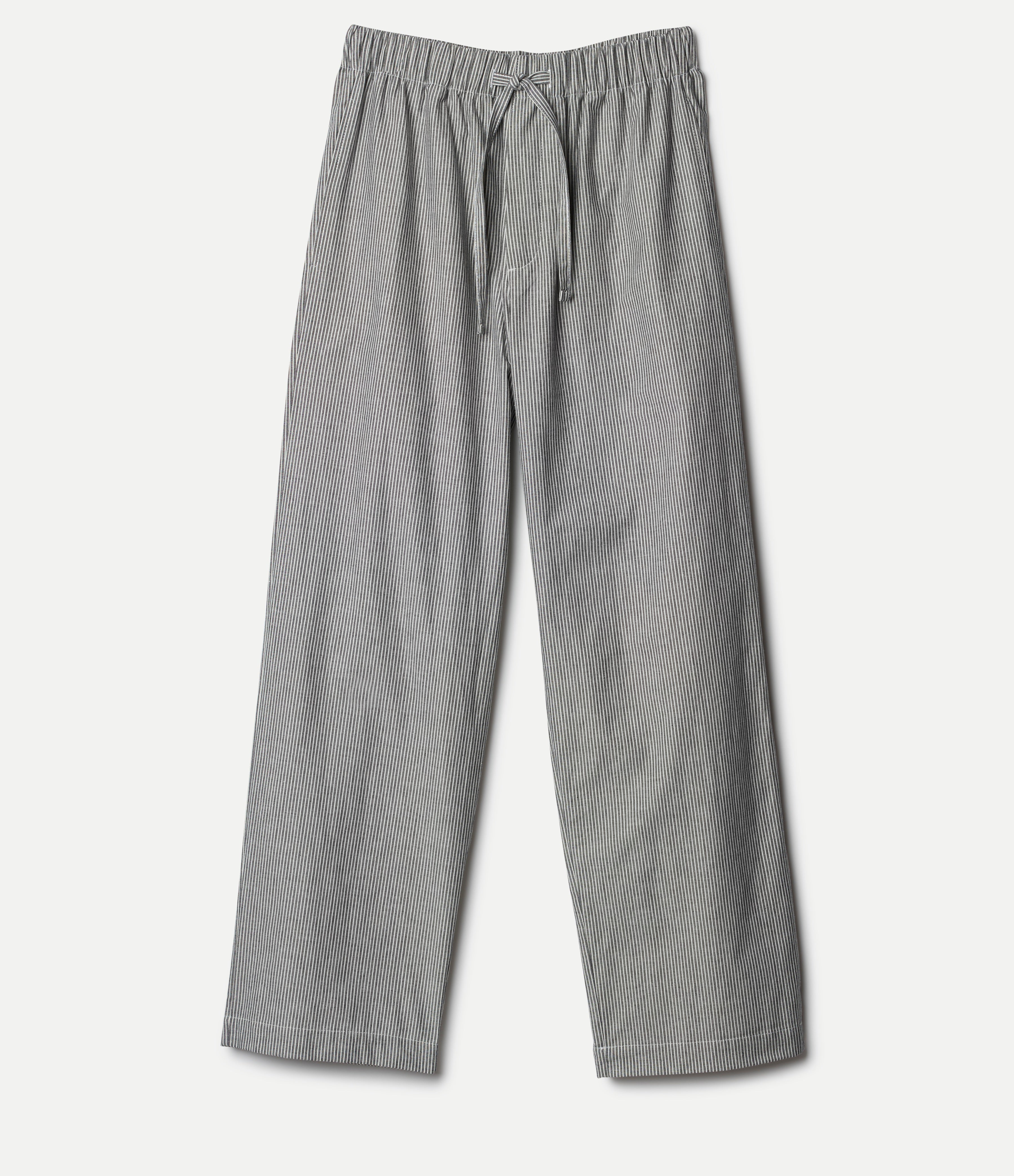 Gray striped pajama pants on a white background