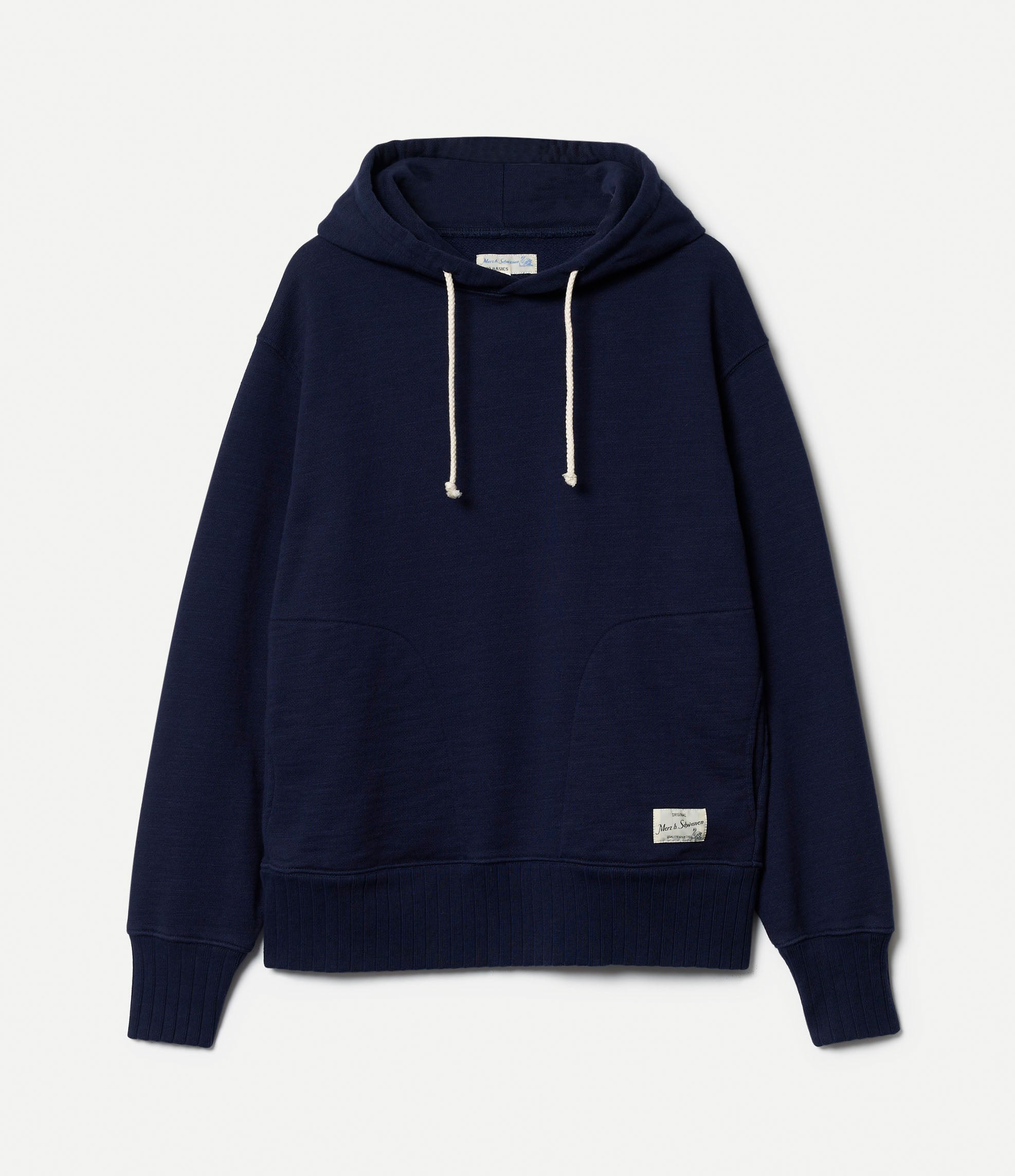 Navy blue hoodie with a brand label on a light gray background