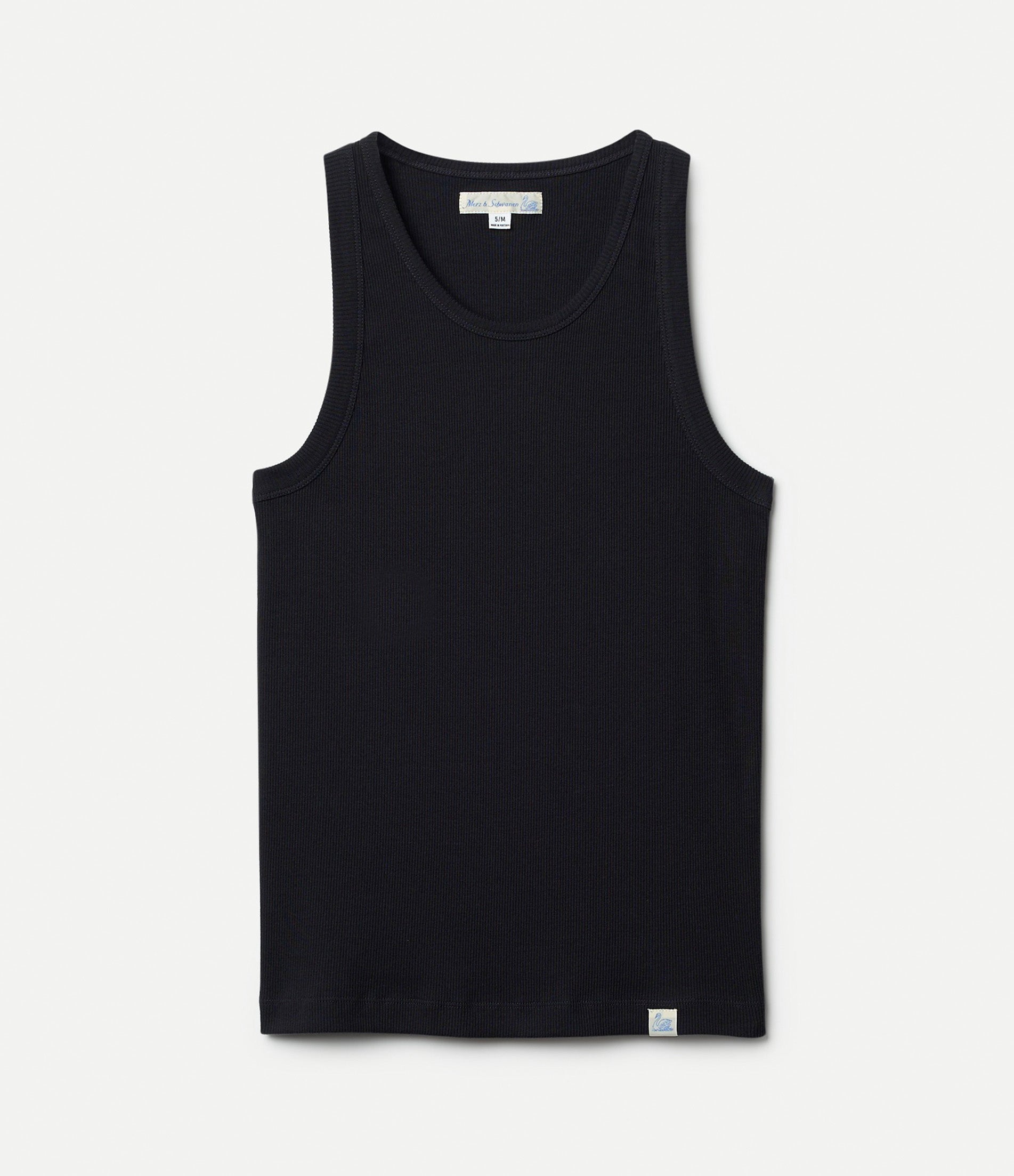 black ribbed cotton tank top against neutral background